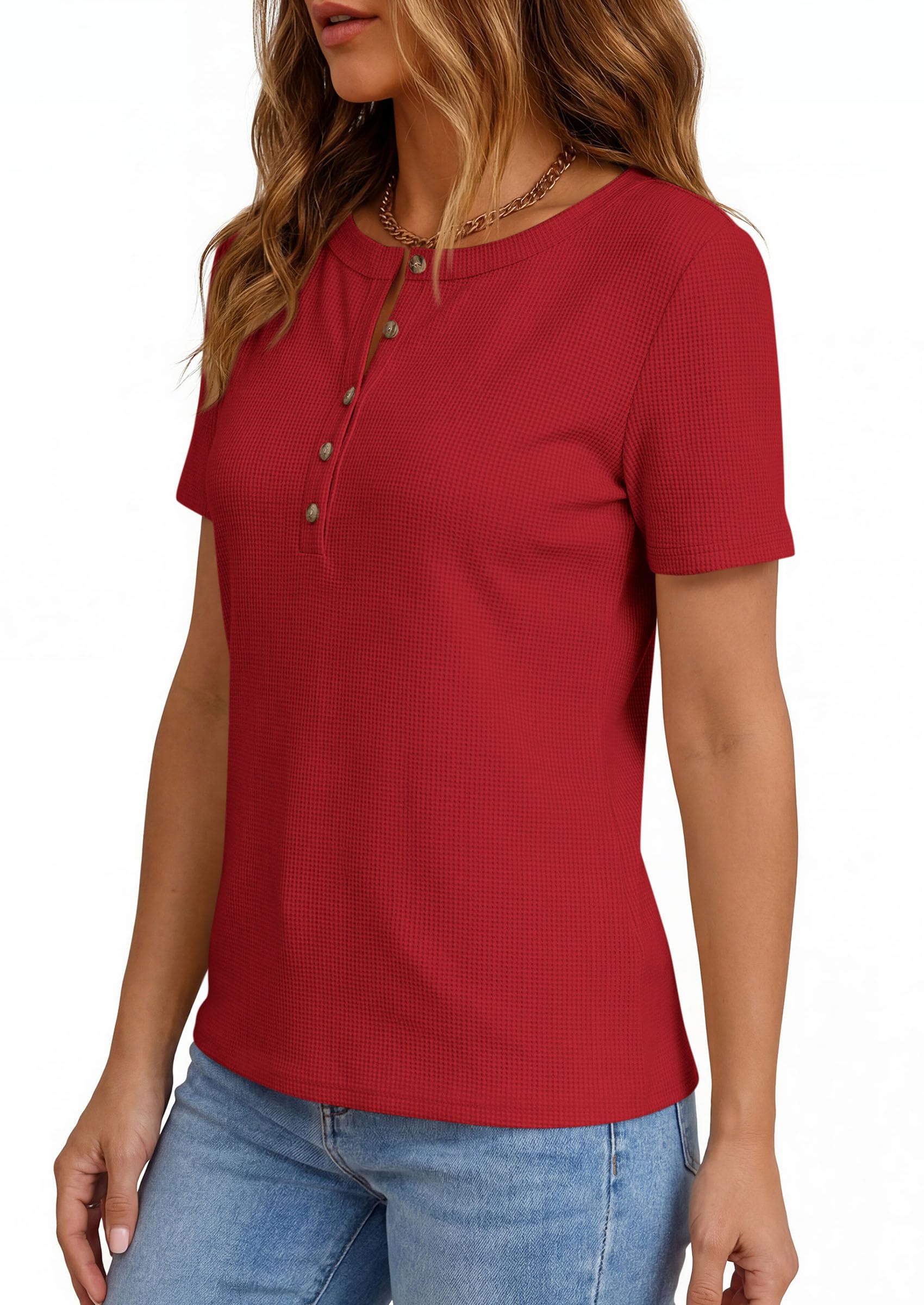 PRETTYGARDEN Waffle Knit Tops for Women Short Sleeve Henley Shirts  Summer Blouses Dressy Casual Spring Fashion Clothes