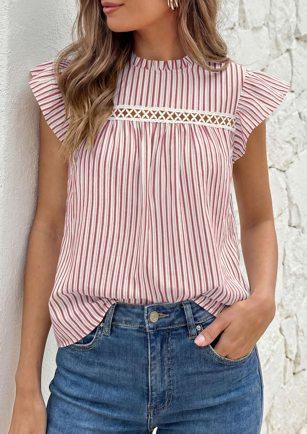 PRETTYGARDEN Striped Shirt Womens Summer Tops  Spring Business Casual Work Dressy Crochet Lace Ruffle Cap Sleeve Blouse