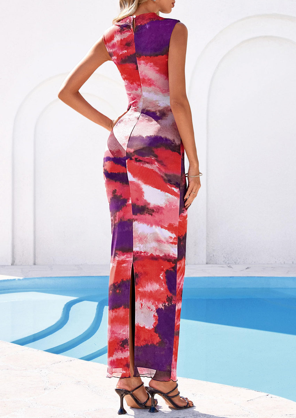 PRETTYGARDEN Summer Dresses for Women  Sleeveless Bodycon Maxi Spring Mock Neck Tie Dye Mesh Cocktail Going Out Dress