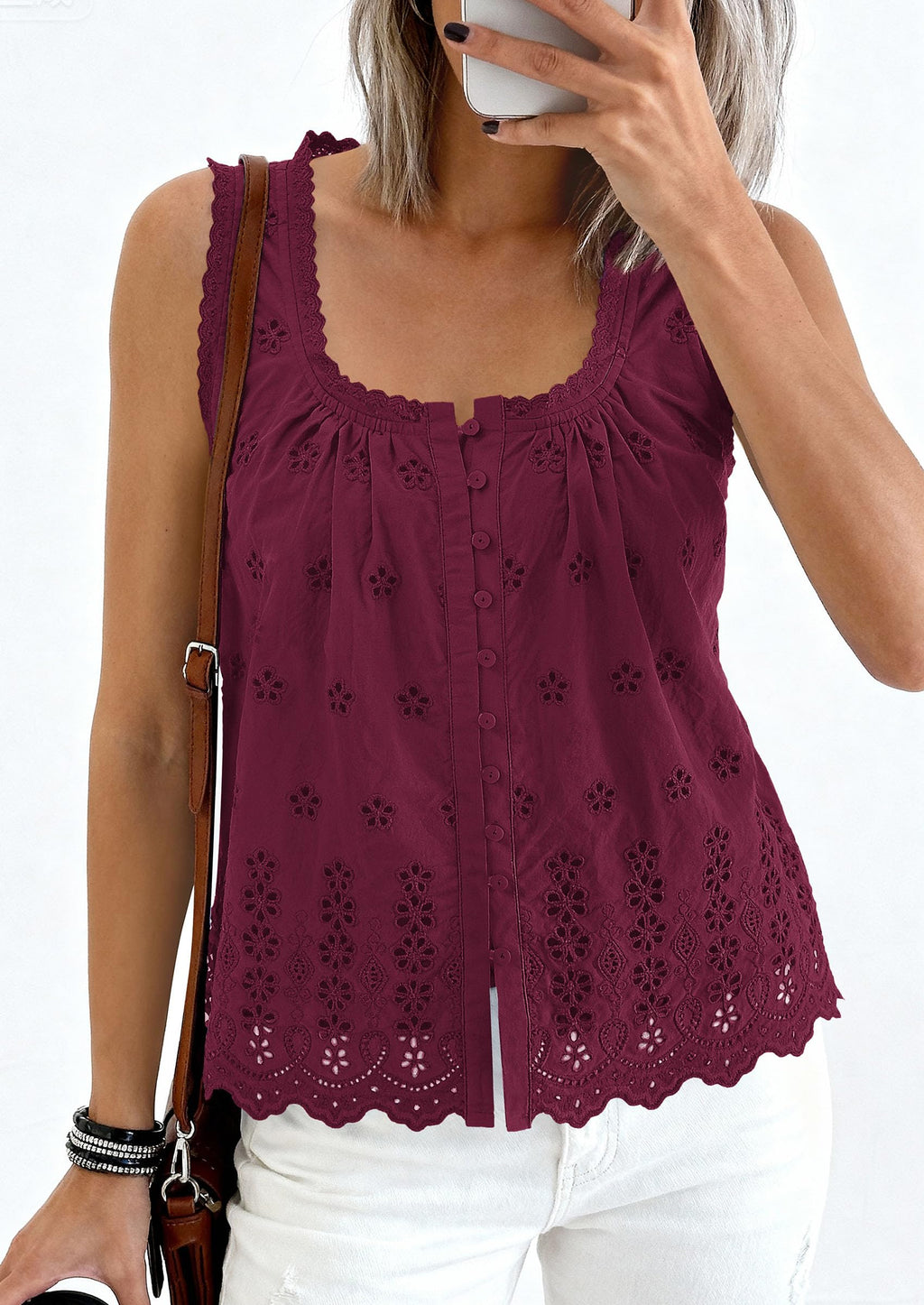 PRETTYGARDEN Womens Tank Tops 2026 Summer Button Down Shirts Embroidered Eyelet Dressy Casual Blouses Beach Vacation Clothes