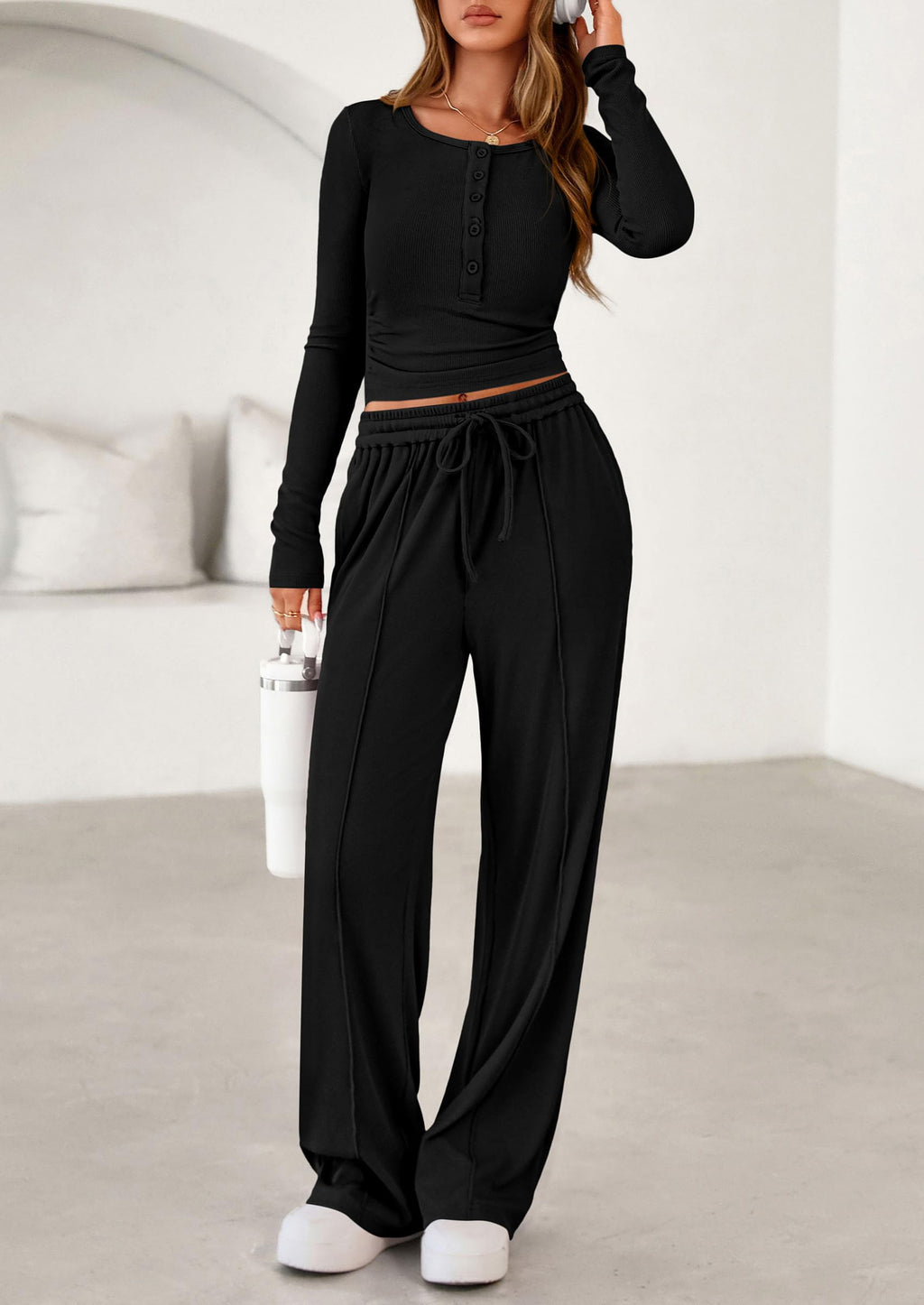 PRETTYGARDEN Women's  Fall Trendy 2 Piece Outfits Lounge Sets Long Sleeve Top Henley Shirts Wide Leg Pants Travel Clothes