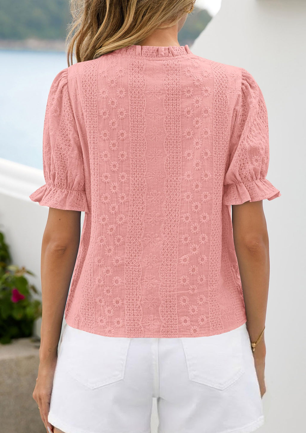 PRETTYGARDEN Womens Puff Short Sleeve Tops  Summer Spring Button Down Boho Embroidered Cute Blouse Dressy Casual Shirts