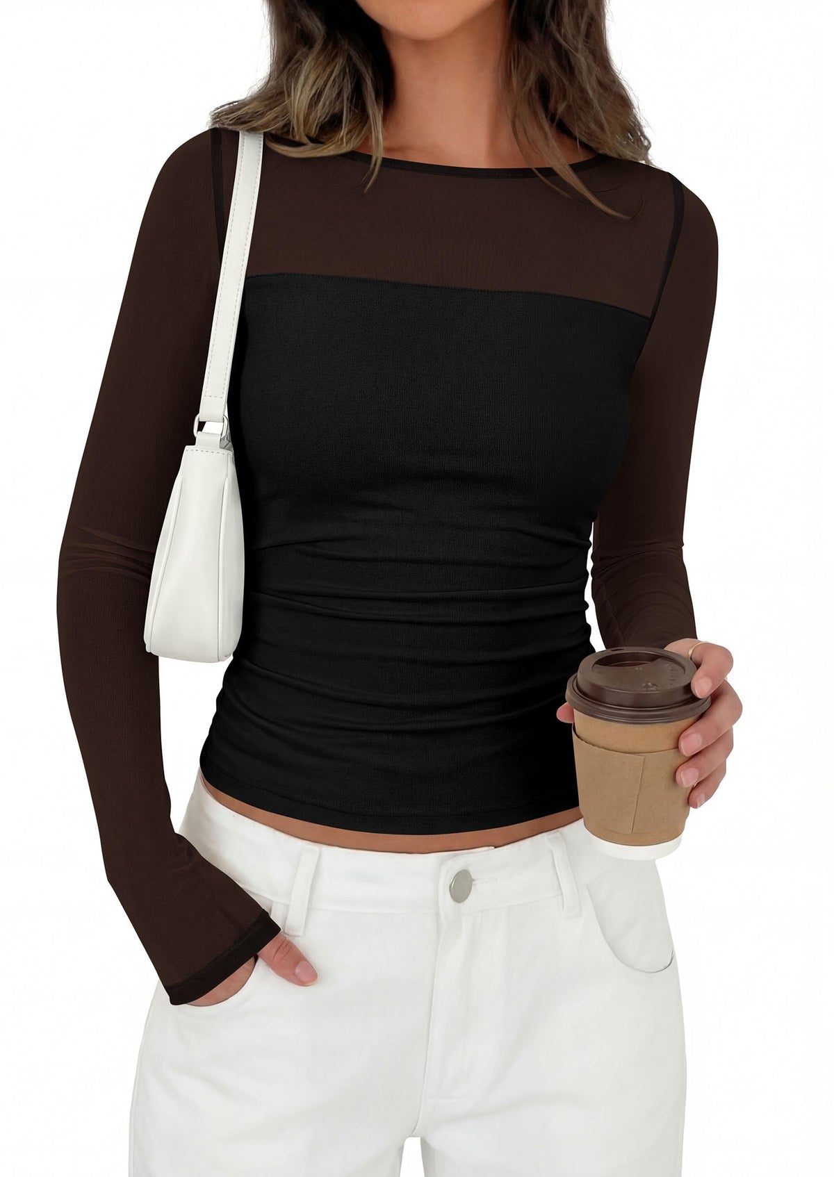 PRETTYGARDEN Women's Sheer Mesh Long Sleeve Going Out Tops | Comfy Stretchy Patchwork,Boat Neck,Ruched Slim Fitted,See Through,Trendy Shirts,Date Night Outfit,Early Fall Fashion Clothing