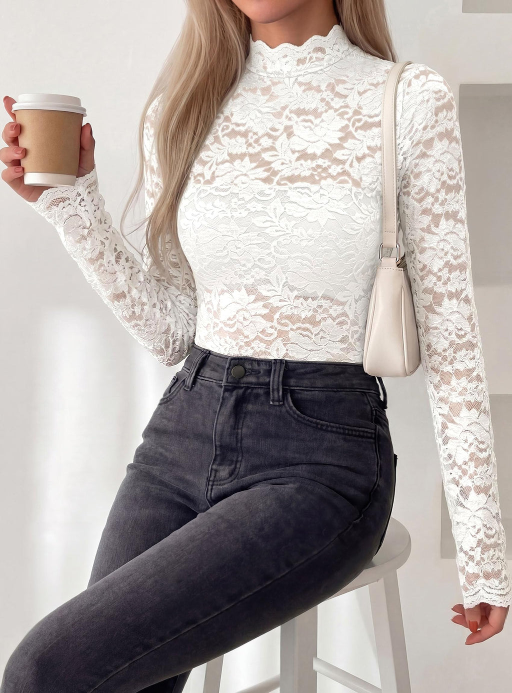 PRETTYGARDEN Womens Lace Long Sleeve Tops Sheer Mesh Blouse | Mock Neck Floral See Through, Slim Fitted, Soft Stretchy Elegant, Going Out Concert, Club Party Outfits, Fall Fashion Clothes