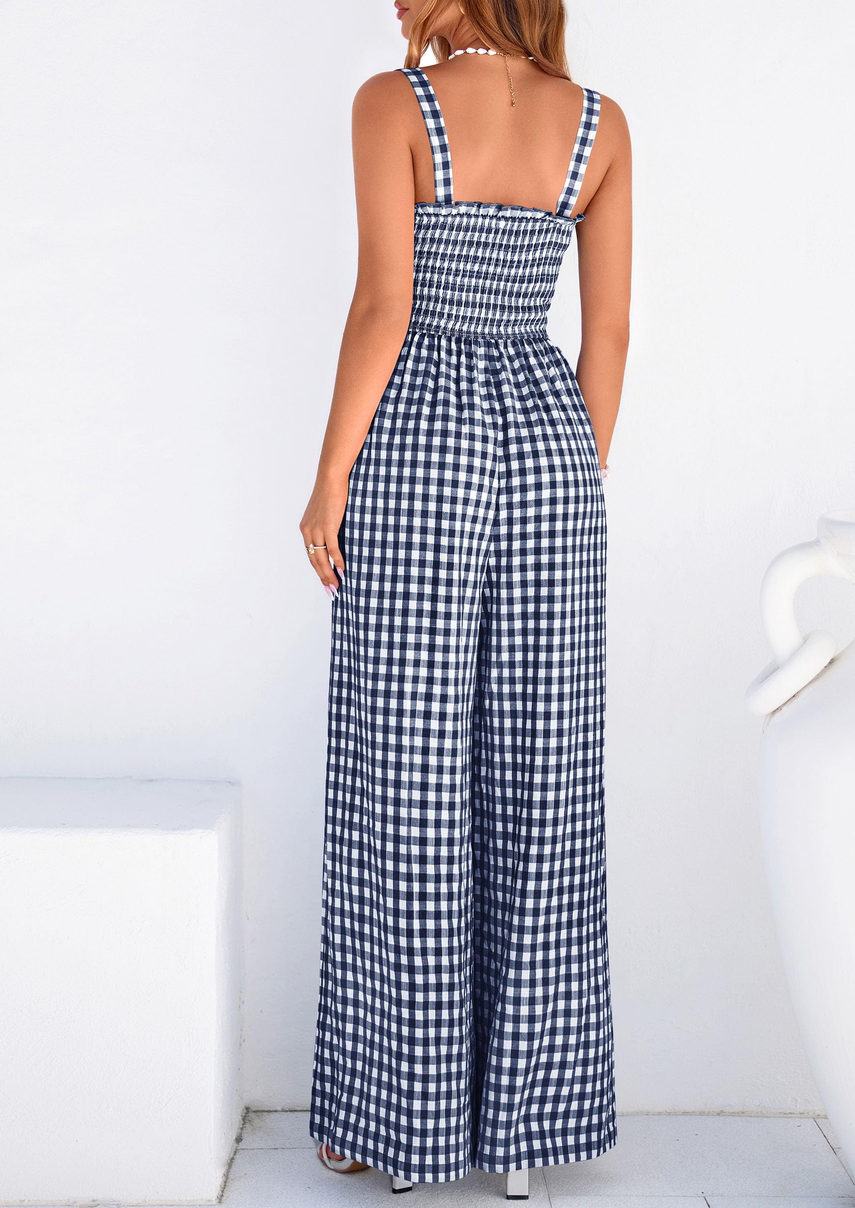 PRETTYGARDEN One Piece Jumpsuits for Women Casual Summer Cruise Outfits  Spring Fashion Smocked Wide Leg Gingham Rompers