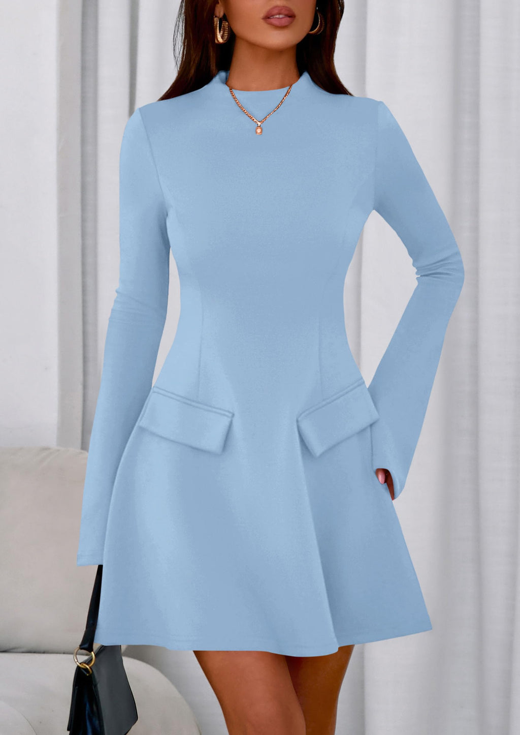 PRETTYGARDEN Women's Elegant Holiday Short Dress  Fall Bell Long Sleeve Mock Neck Work Business Casual Party Mini Dress