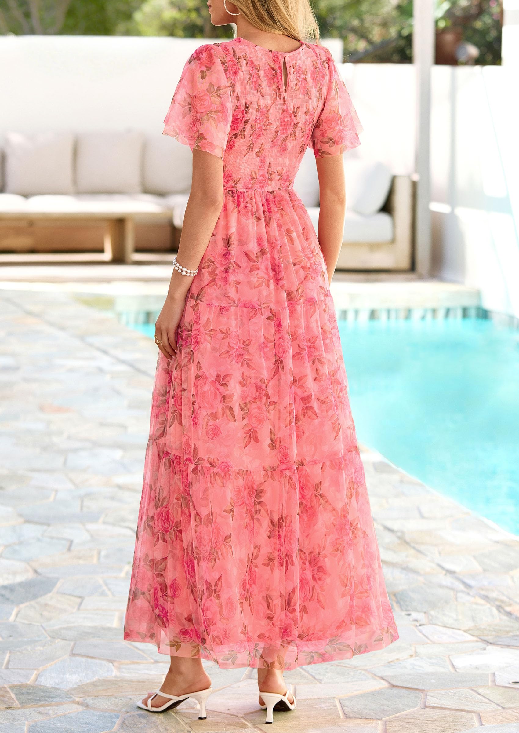 PRETTYGARDEN Tulle Floral Dress Women Summer Wedding Guest  Spring Short Sleeve Maxi Smocked Flowy Beach Party Dresses