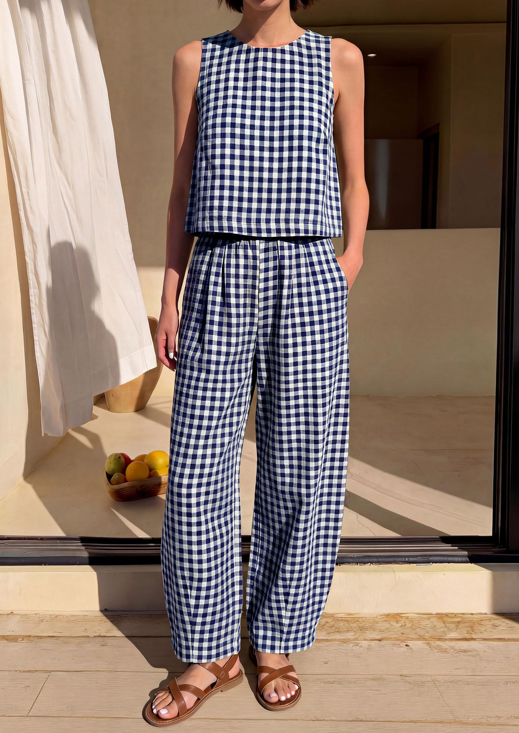 PRETTYGARDEN Womens 2 Piece Sets Summer Plaid Sleeveless Tops Wide Leg Pants Matching Lounge Set Beach Vacation Outfits