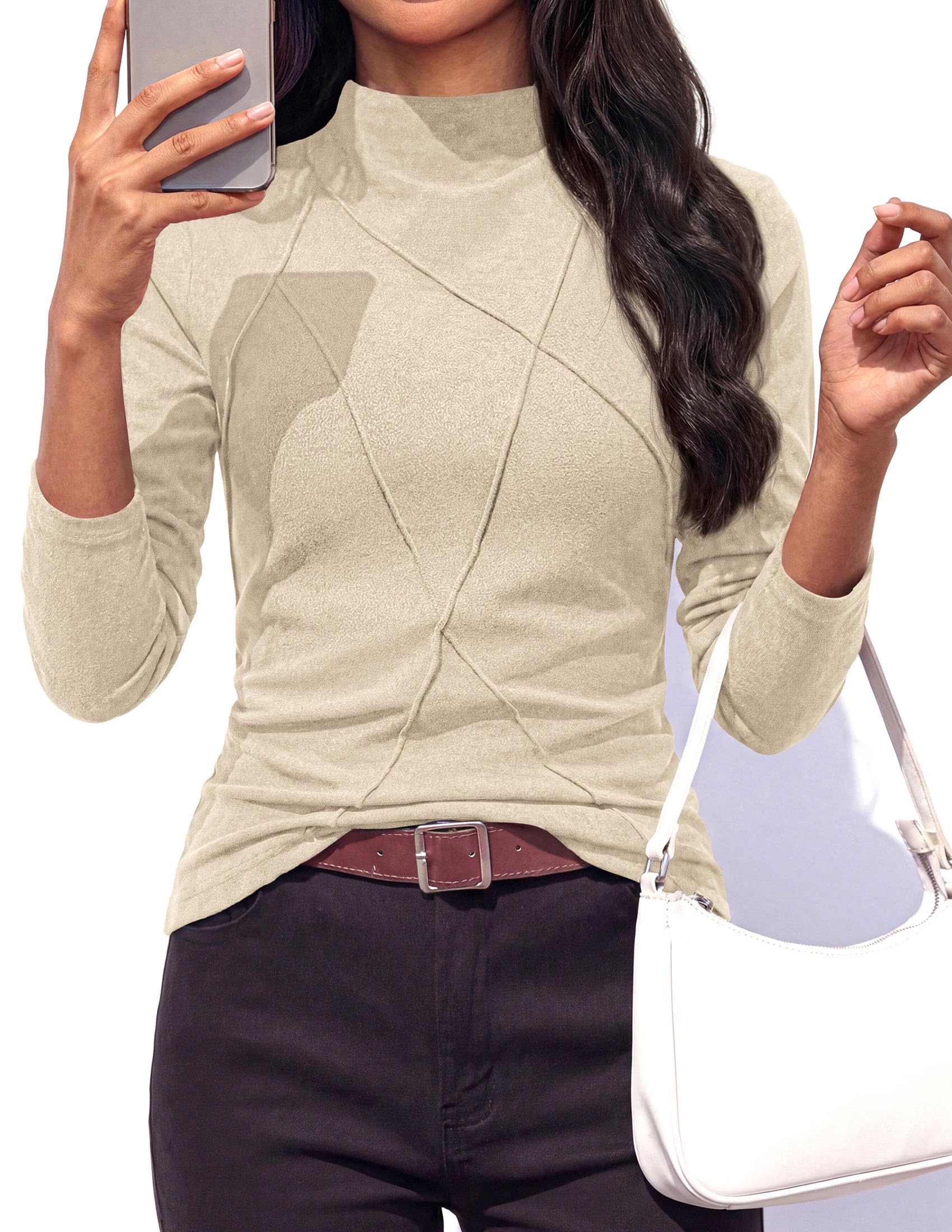 PRETTYGARDEN Women's Fall Mock Neck Long Sleeve Shirts | Soft Stretchy Knit,Geometric Seam Stitching,Slim Fitted Basic Tees,Thermal Casual Wear,Daily Work Layering Winter Tunic Top