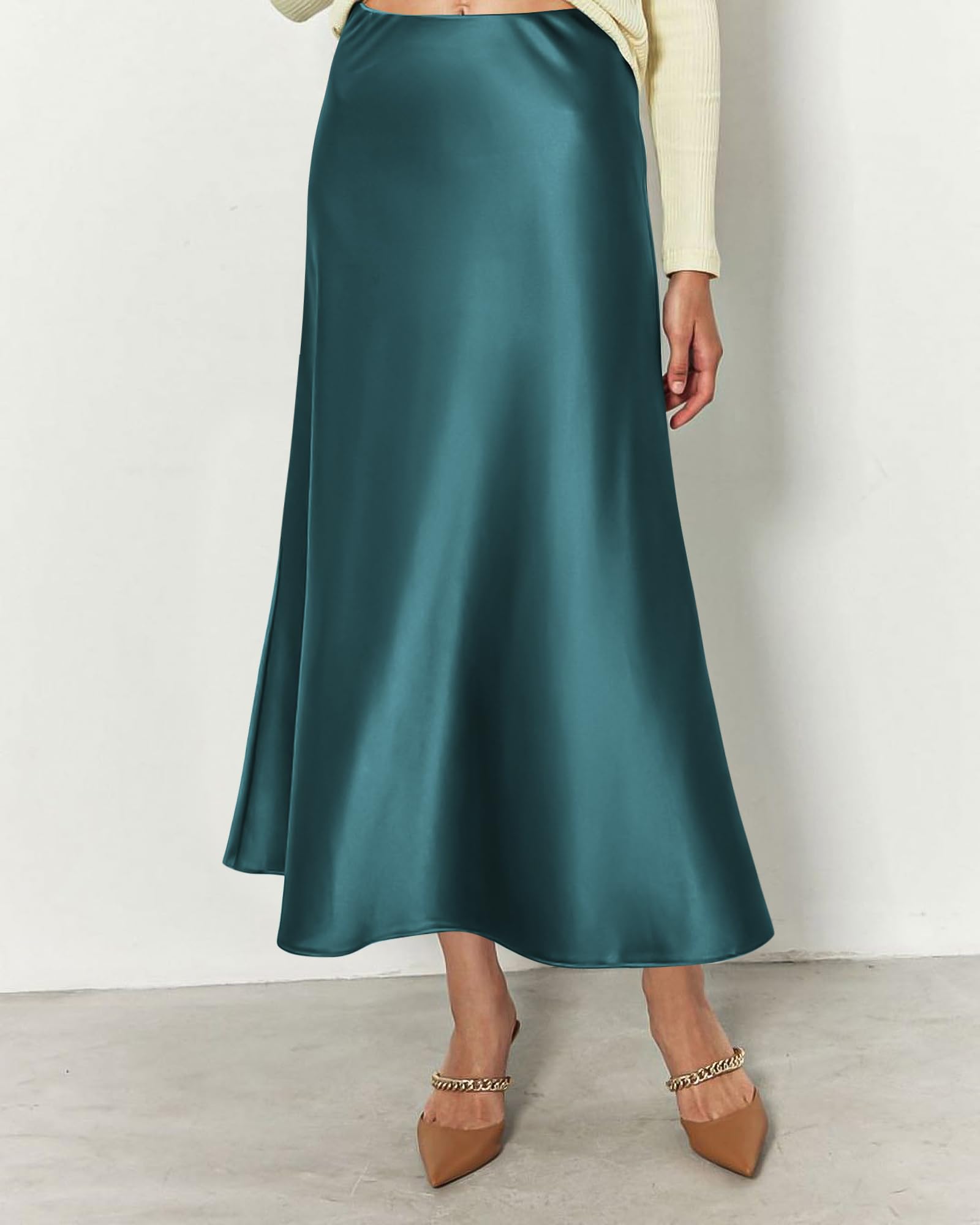 BTFBM Summer Womens Skirts Silk Elegant High Waist Flowy Long Satin A-Line Midi Skirt Cocktail Wedding Party