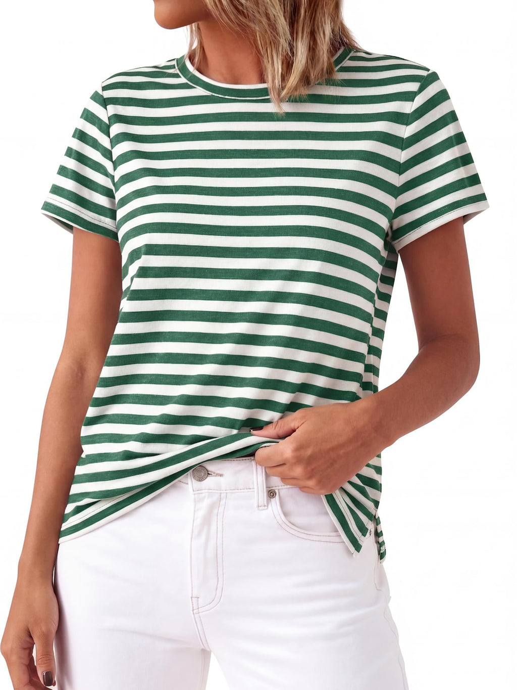 BTFBM Tops for Women Trendy Summer Crew Neck Short Sleeve T Shirts Striped Casual Vacation Blouse Basic Tee