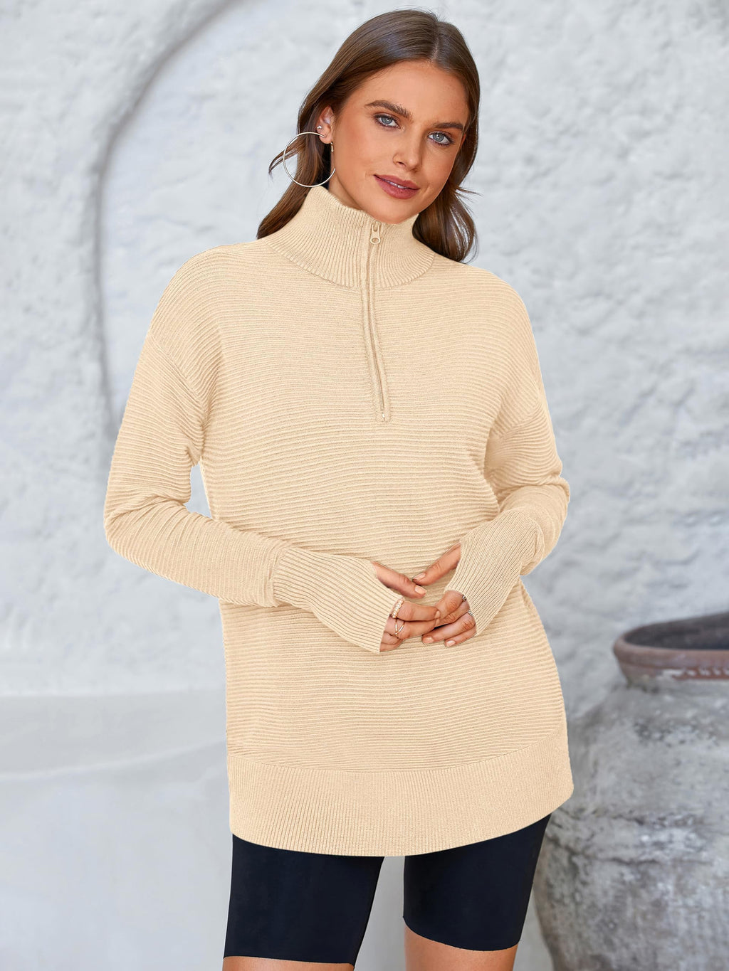 PRETTYGARDEN Womens Long Sleeve Quarter Zip Pullover Sweater Casual Loose V Neck Collared Ribbed Knit Jumper Tops Thumb Hole