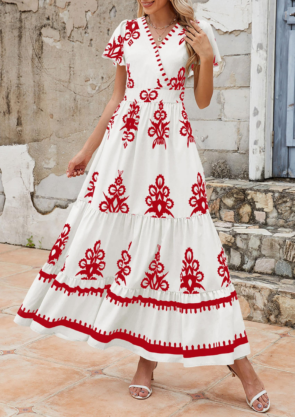 PRETTYGARDEN Womens Summer Casual V Neck Boho Maxi Dress Flowy Aline Bell Sleeve Tiered Floral Dresses with Pocket