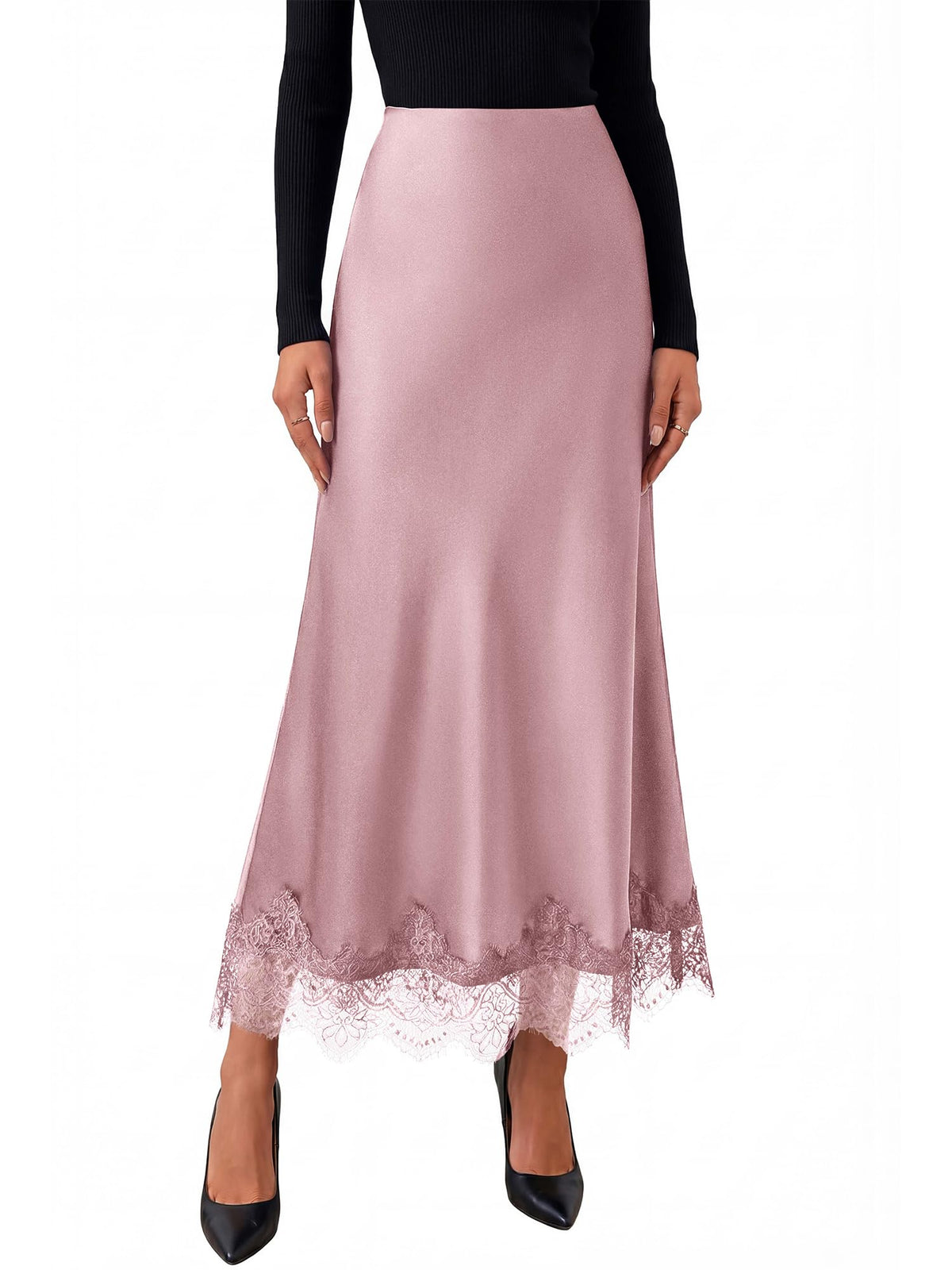 BTFBM Lace Trim Satin Skirts for Women Elegant | Lightweight, High Waist, A-Line, Flowy Maxi Skirt, Wedding, Cocktail, Graduation, Holiday Outfits, Fall Fashion Clothing