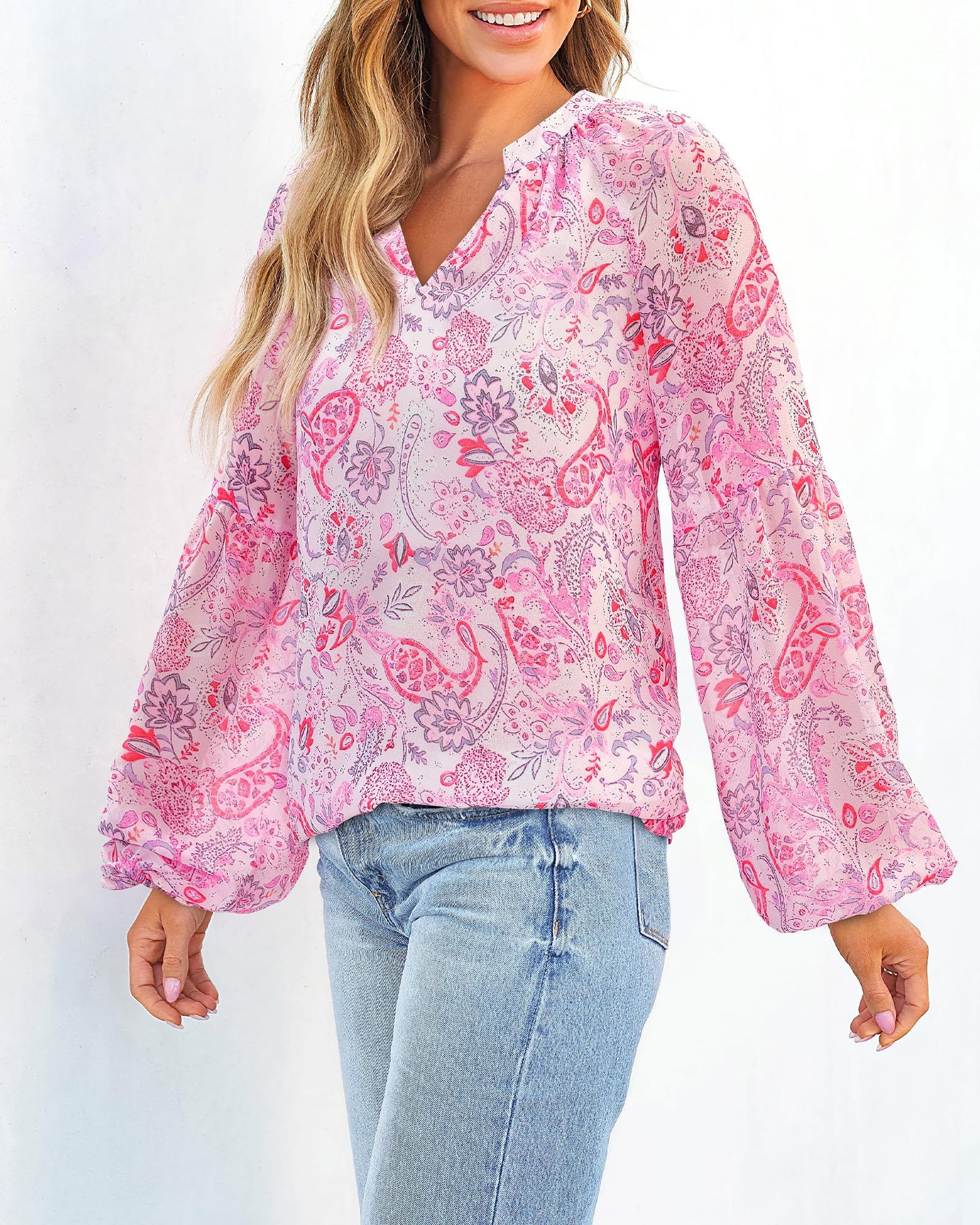 FreshPretty Blouses for Women Floral Boho Tops V Neck Lightweight Long Sleeve Shirts Fall Dressy Casual Vacation Outfits