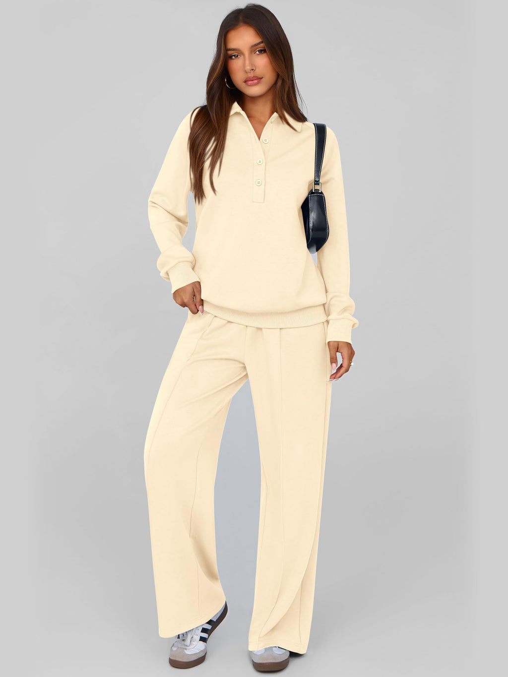 PRETTYGARDEN Women Fall 2 Piece Outfits Sweatsuits Lounge Sets Quarter Button Long Sleeve Sweatshirt, Wide Leg Sweat Pants, Casual 2 Piece Sets Tracksuit, Airport Travel Outfits for Women