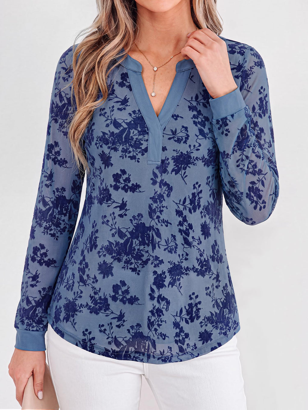 BTFBM Womens Tops Floral Sheer Mesh Long Sleeve Blouses Dressy Casual V Neck Flocked Mesh Shirts,Velvet-Like Flowers,Double Layered,Loose Fit Tunics,Business Casual Top,Fall Fashion Clothing