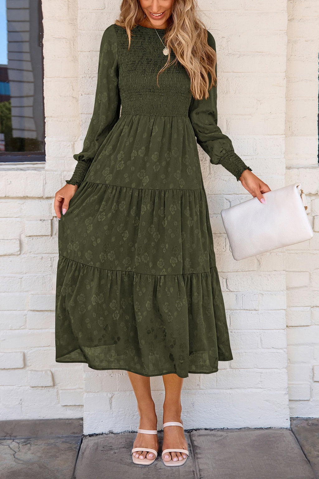 PRETTYGARDEN Women's Fall Spring Midi Dress Long Sleeve Floral Smocked Elegant Wedding Guest Long Flowy Dresses with Pockets