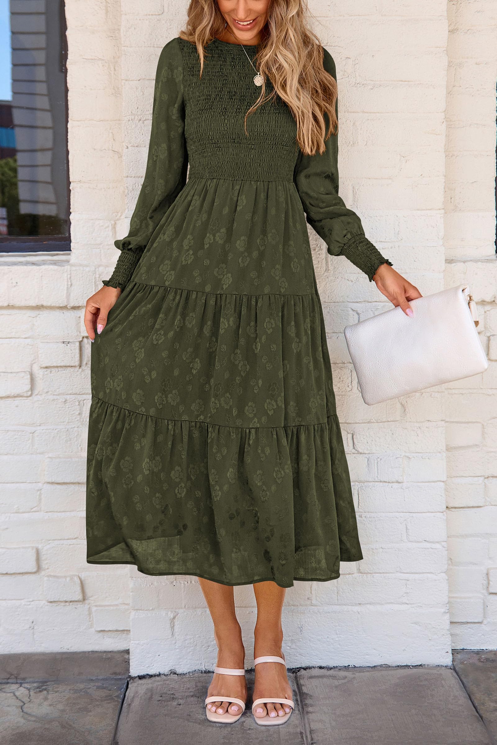 PRETTYGARDEN Women's Fall Spring Midi Dress Long Sleeve Floral Smocked Elegant Wedding Guest Long Flowy Dresses with Pockets