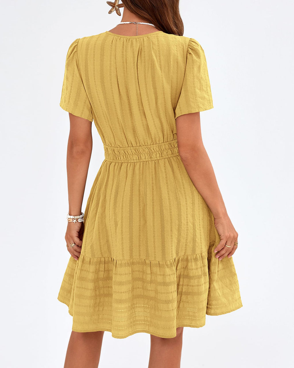 BTFBM Womens Spring  Casual Mini Dresses Lightweight Short Sleeve V Neck Elastic Waist Cute Boho Beach Dress Pockets