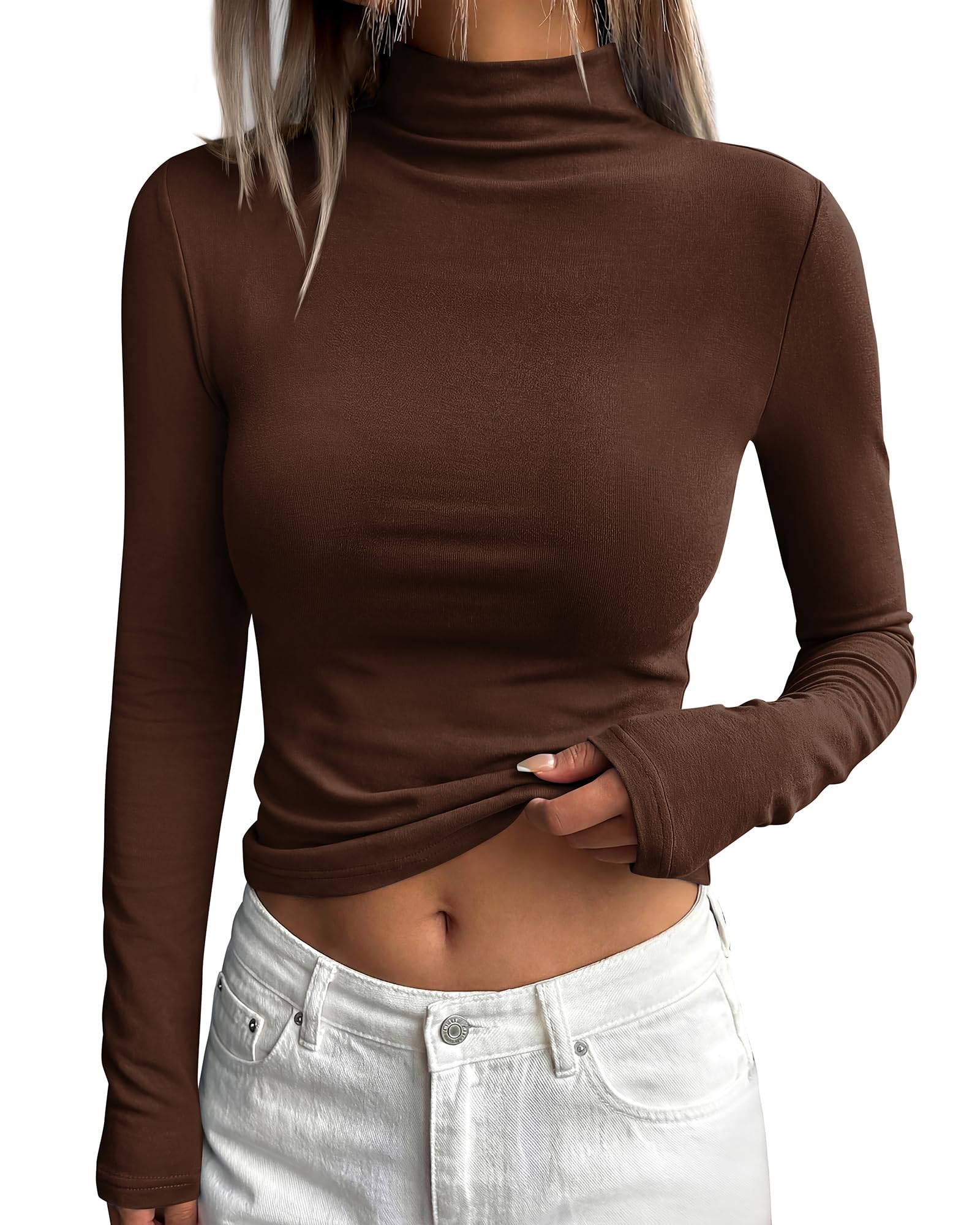 BTFBM Mock Tops for Women Fitted Long Sleeve Shirts Fall Fashion Clothing Thermal Layering Undershirts Going Out Outfits
