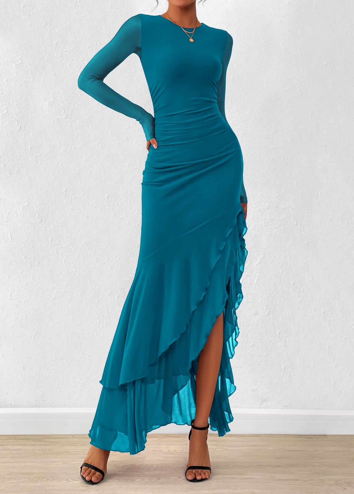 BTFBM Women's Maxi Dresses Fall Long Sleeve Wedding Guest Dress Mesh,Ruched,Bodycon,High Split,Solid Color,Ruffle, Mermaid,Cocktail Dresses,Prom,Party,Homecoming Dress,Fall Outfits