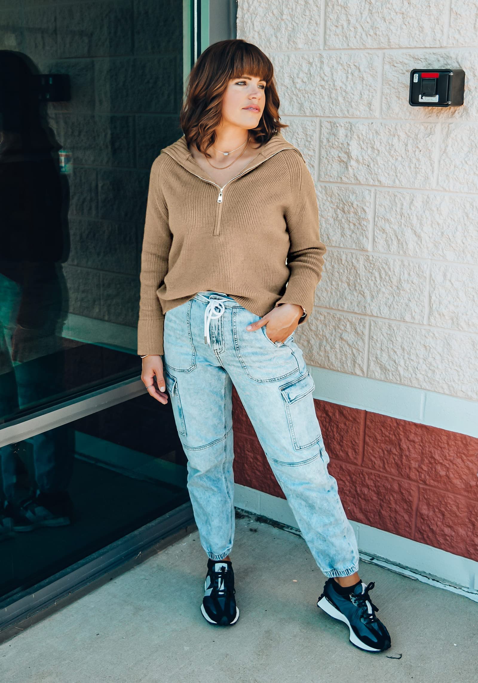 FreshPretty Womens Sweaters Quarter Zip Pullover V Neck Collar Long Sleeve Ribbed Knit Loose Casual Winter Fall Sweater