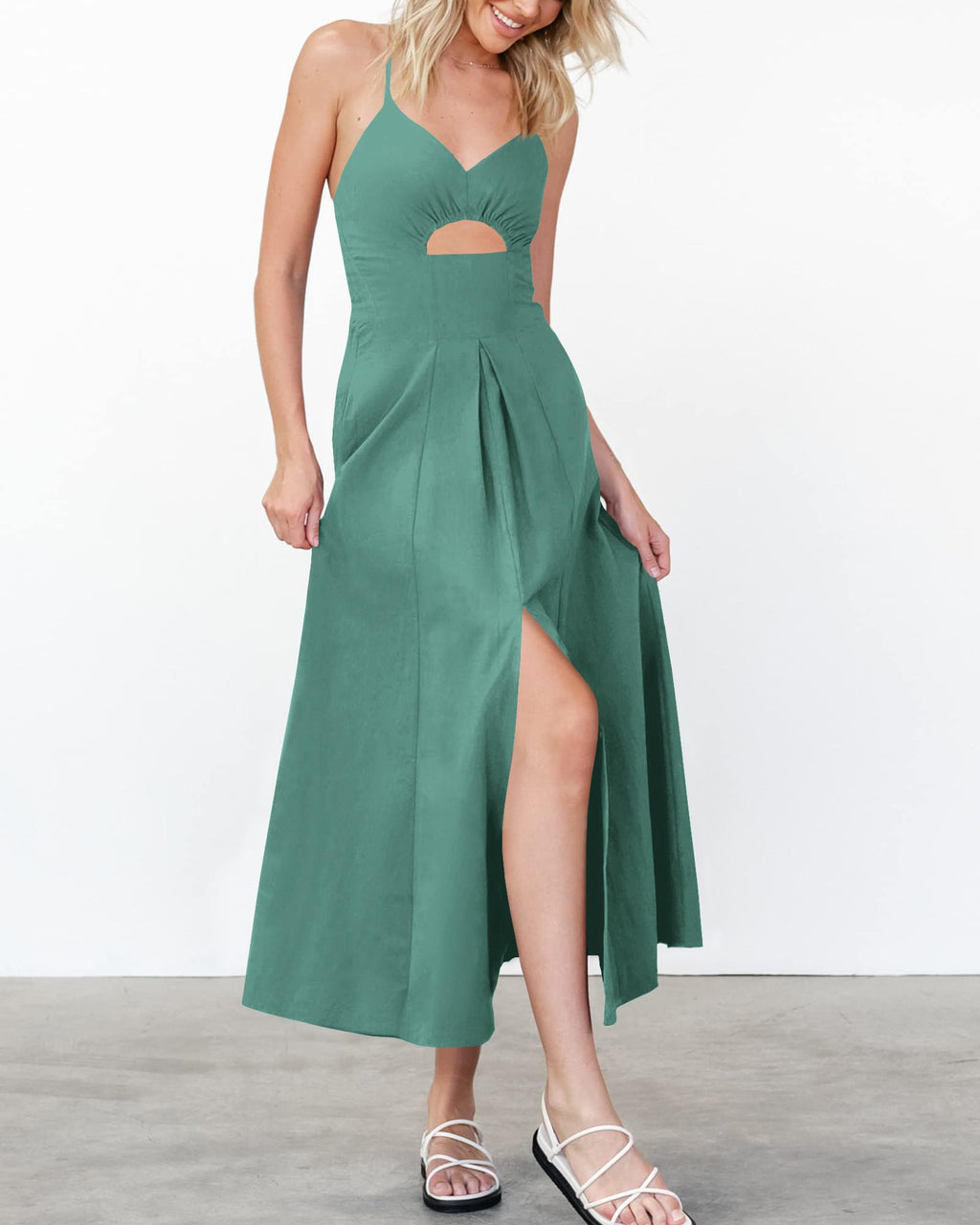 BTFBM Women Spaghetti Strap Midi Summer Dresses Sleeveless V Neck Cutout Slit Casual Beach Party Maxi Dress Pockets