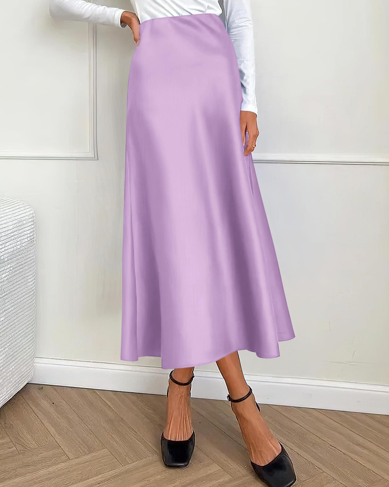 BTFBM Summer Womens Skirts Silk Elegant High Waist Flowy Long Satin A-Line Midi Skirt Cocktail Wedding Party