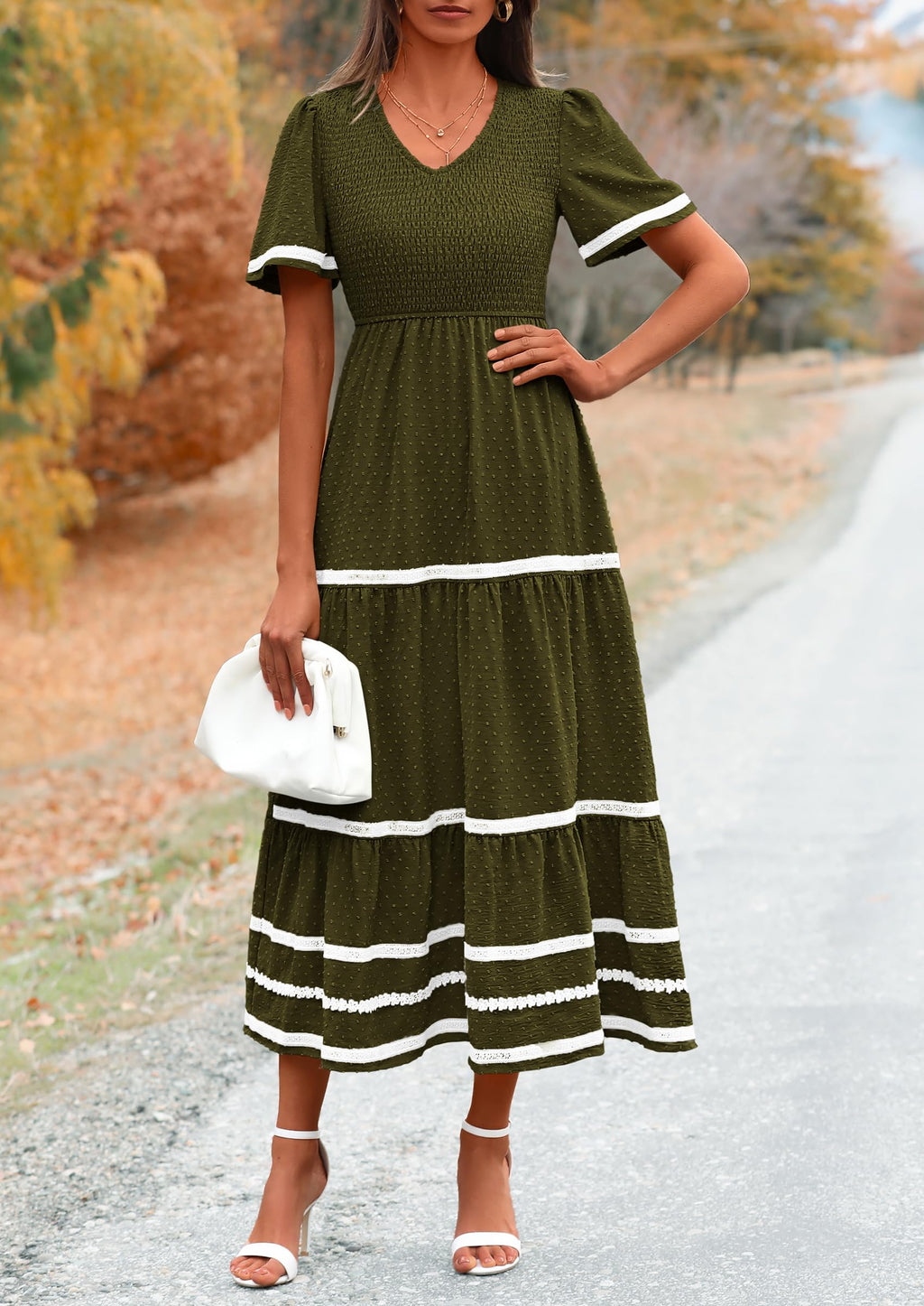 PRETTYGARDEN Women's Casual Summer Maxi Dress Short Sleeve Swiss Dot V Neck Smocked Long Flowy Beach Dresses