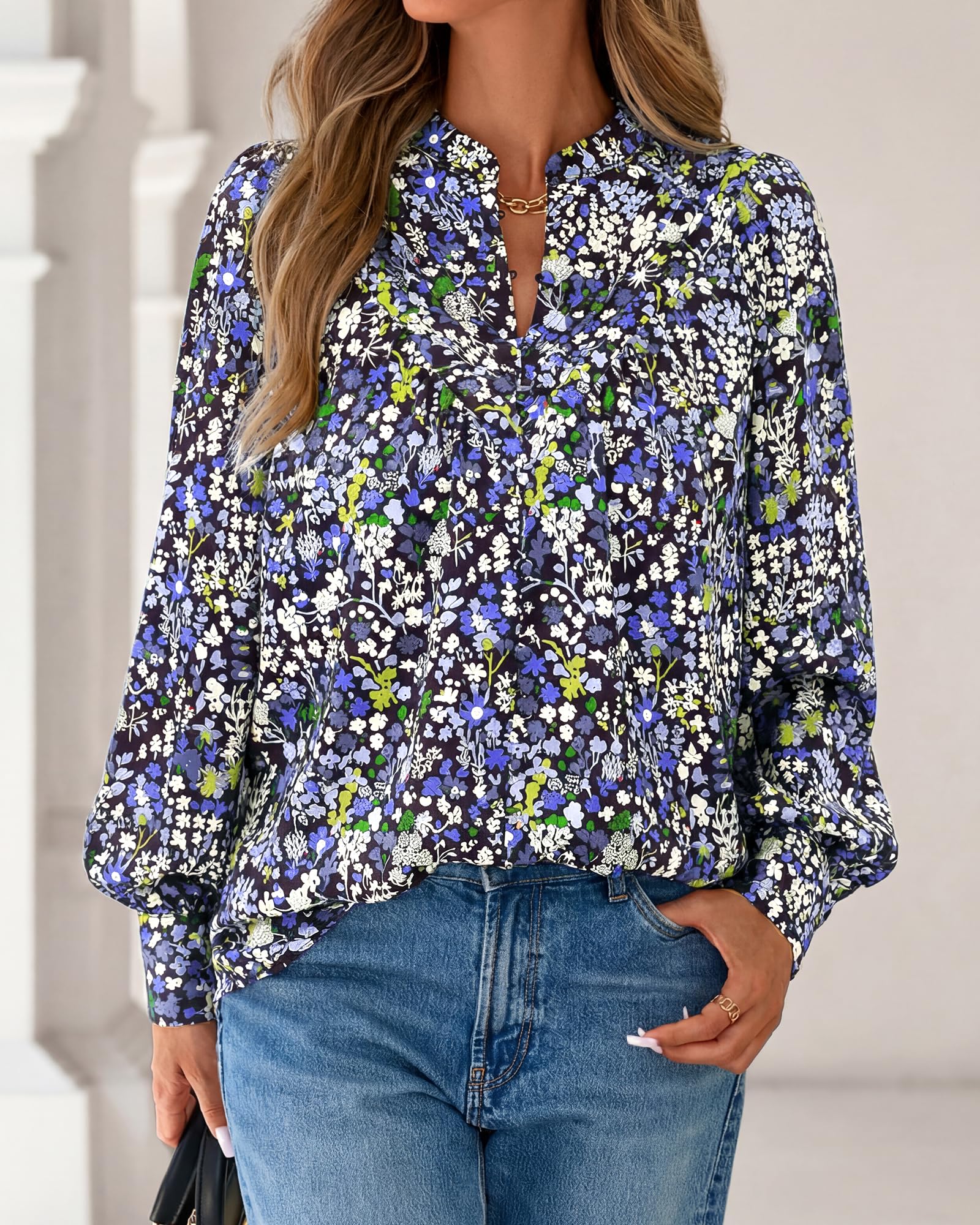 BTFBM Womens Tops Dressy Casual Spring Boho Floral V Neck Long Sleeve Half Button Down Shirt Work Business Blouses