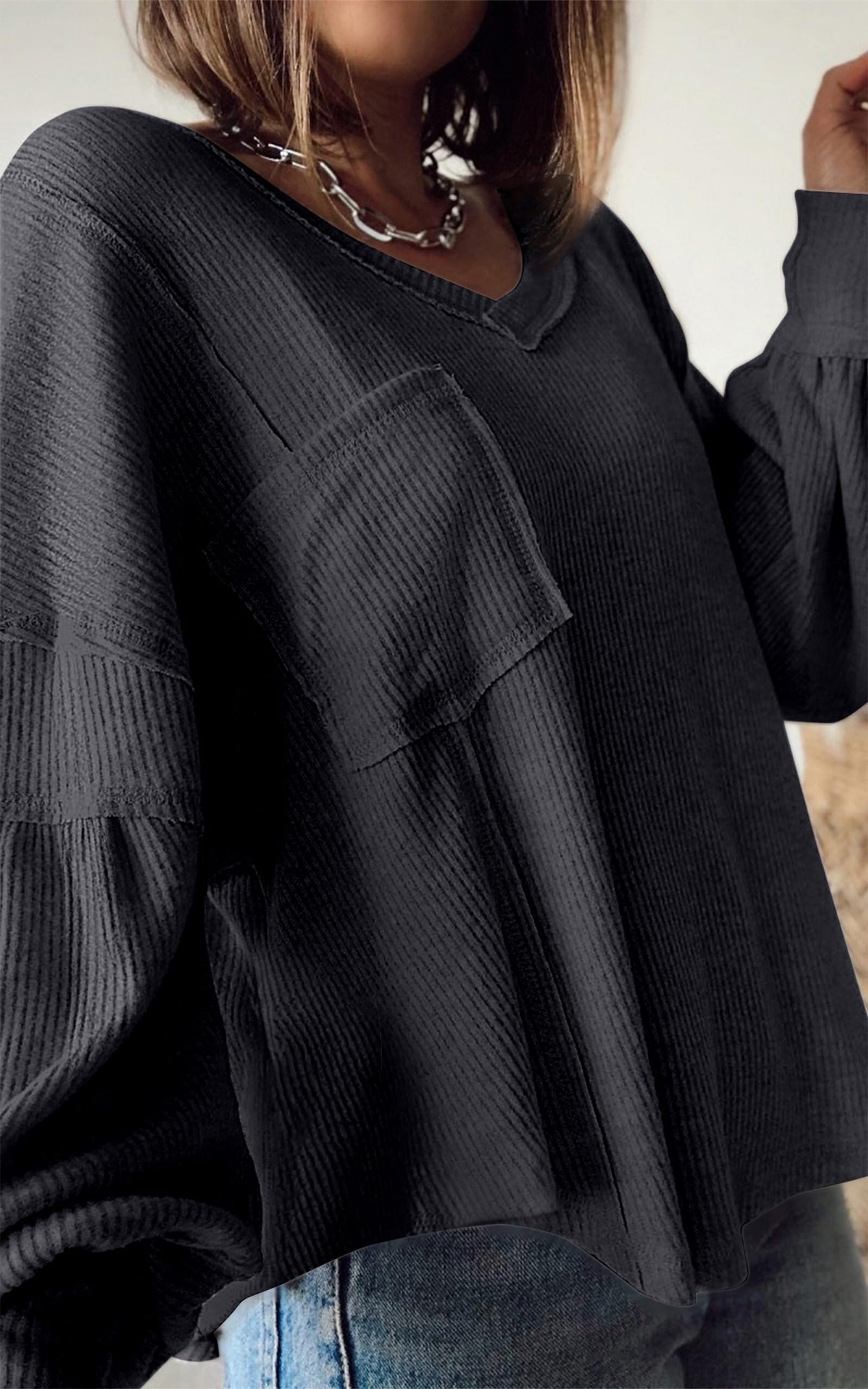 FreshPretty Womens Fall Fashion Long Sleeve Shirts Casual V Neck Ribbed Knit Blouses Pullover Trendy Loose Fit Tunic Tops