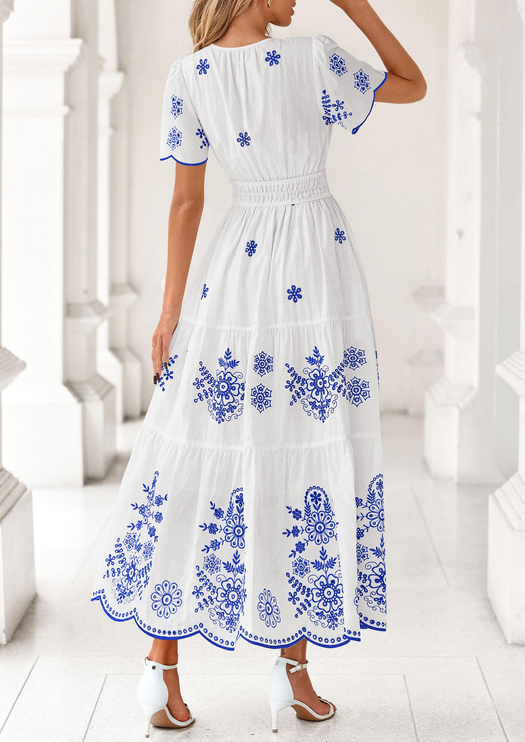 PRETTYGARDEN Boho Dresses for Women Summer Spring Casual Floral Short Sleeve V Neck Maxi Elastic Waist Dress Pockets