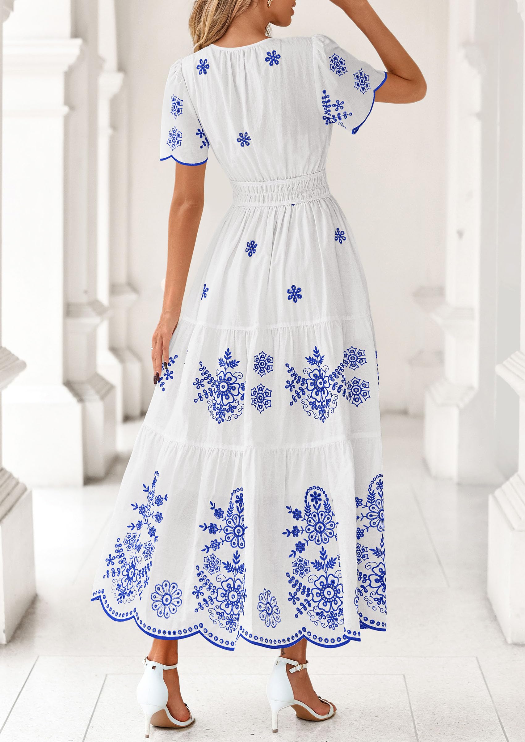 PRETTYGARDEN Boho Dresses for Women Summer Spring Casual Floral Short Sleeve V Neck Maxi Elastic Waist Dress Pockets