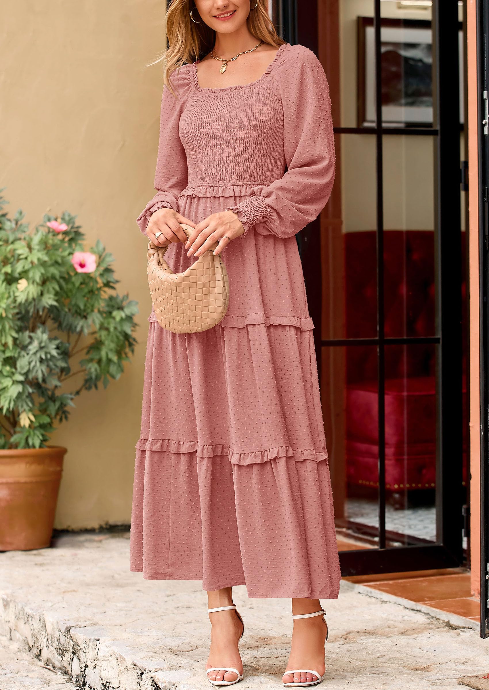 PRETTYGARDEN Fall Dresses for Women Long Sleeve Smocked Square Neck Swiss Dot Tiered Flowy Wedding Guest Maxi Dress