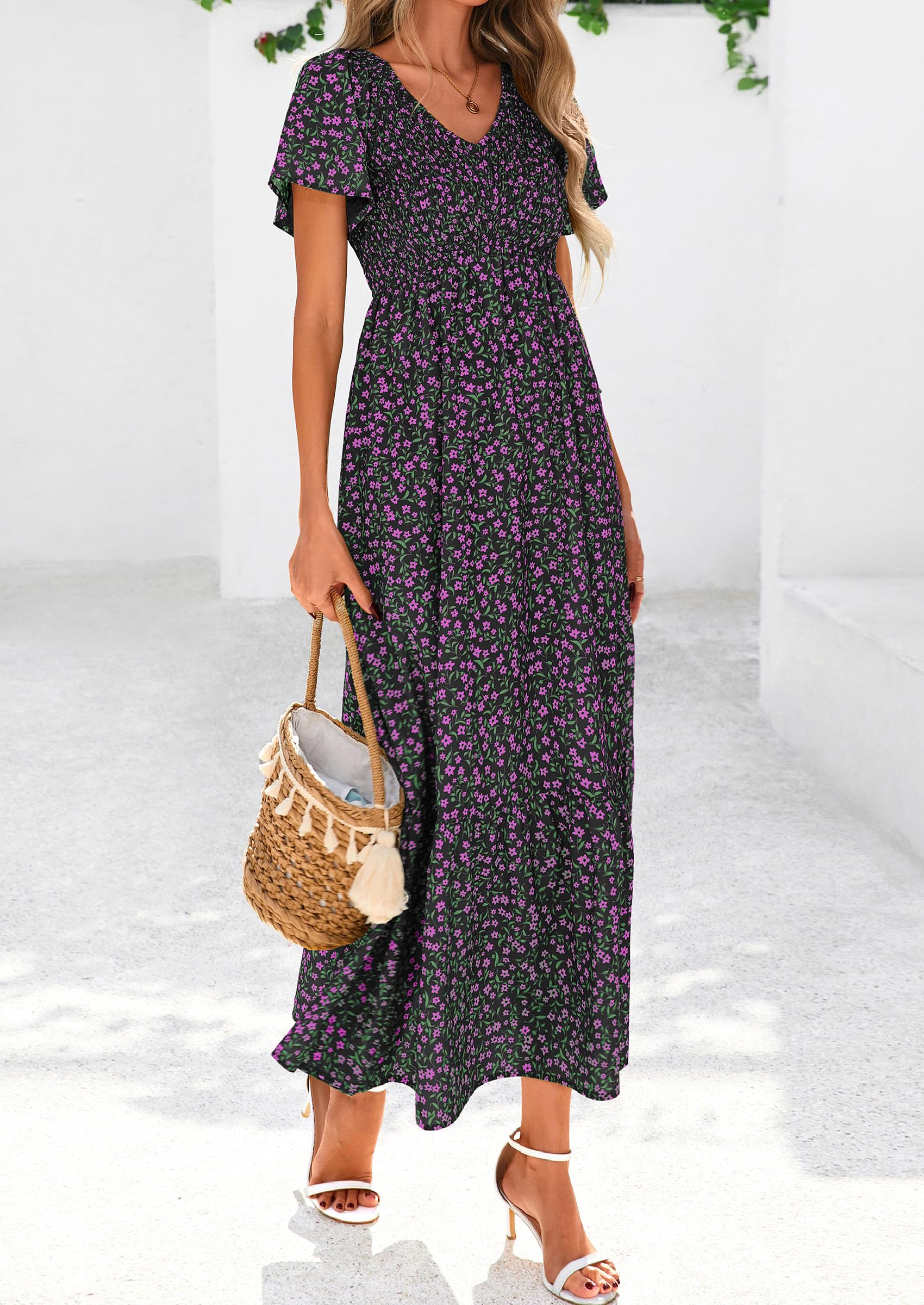 PRETTYGARDEN Boho Dresses for Women Summer Floral Short Sleeve V Neck Smocked Flowy Beach Vacation Maxi Dress