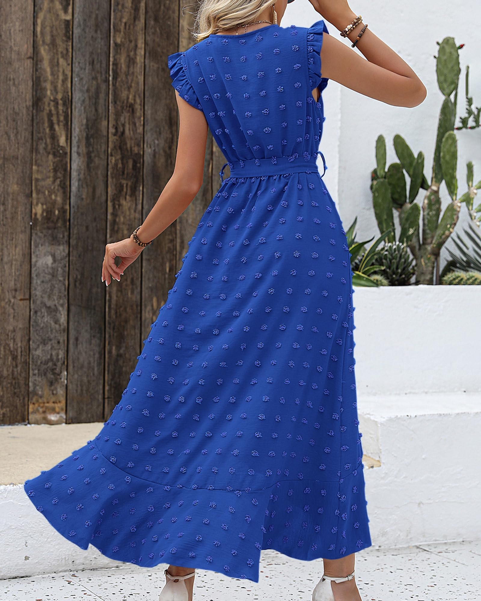 BTFBM Boho Dresses for Women Spring Fashion Cap Sleeve Swiss Dot Flowy Ruffle Beach Wedding Cocktail Maxi Dress