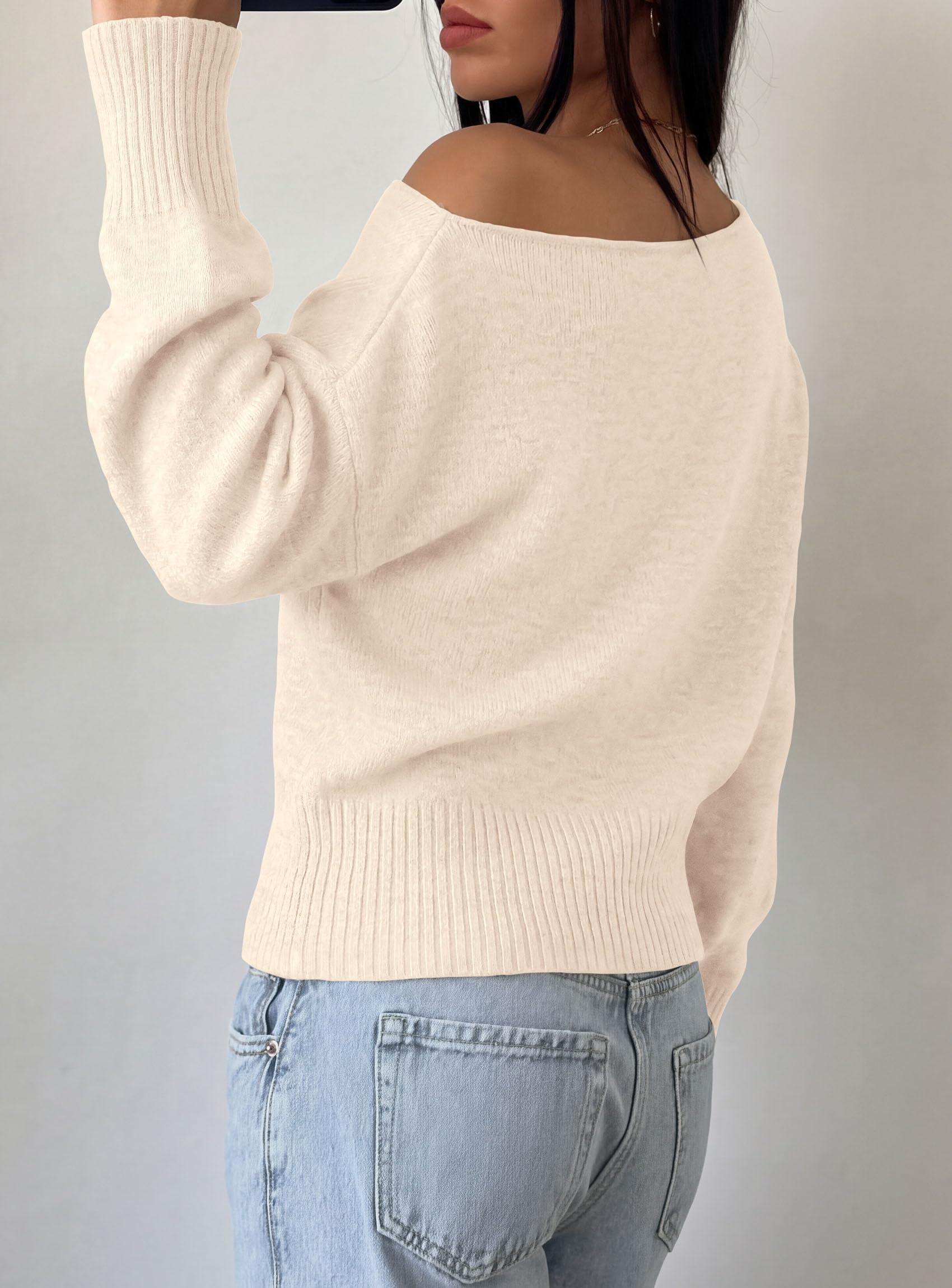 PRETTYGARDEN Womens Off The Shoulder Sweater Fall Fashion Soft Stretchy Knit Fabric, Batwing Long Sleeve Cinched Waist Cropped Sweaters, Date Night Outfit, Asymmetrical Going Out Tops