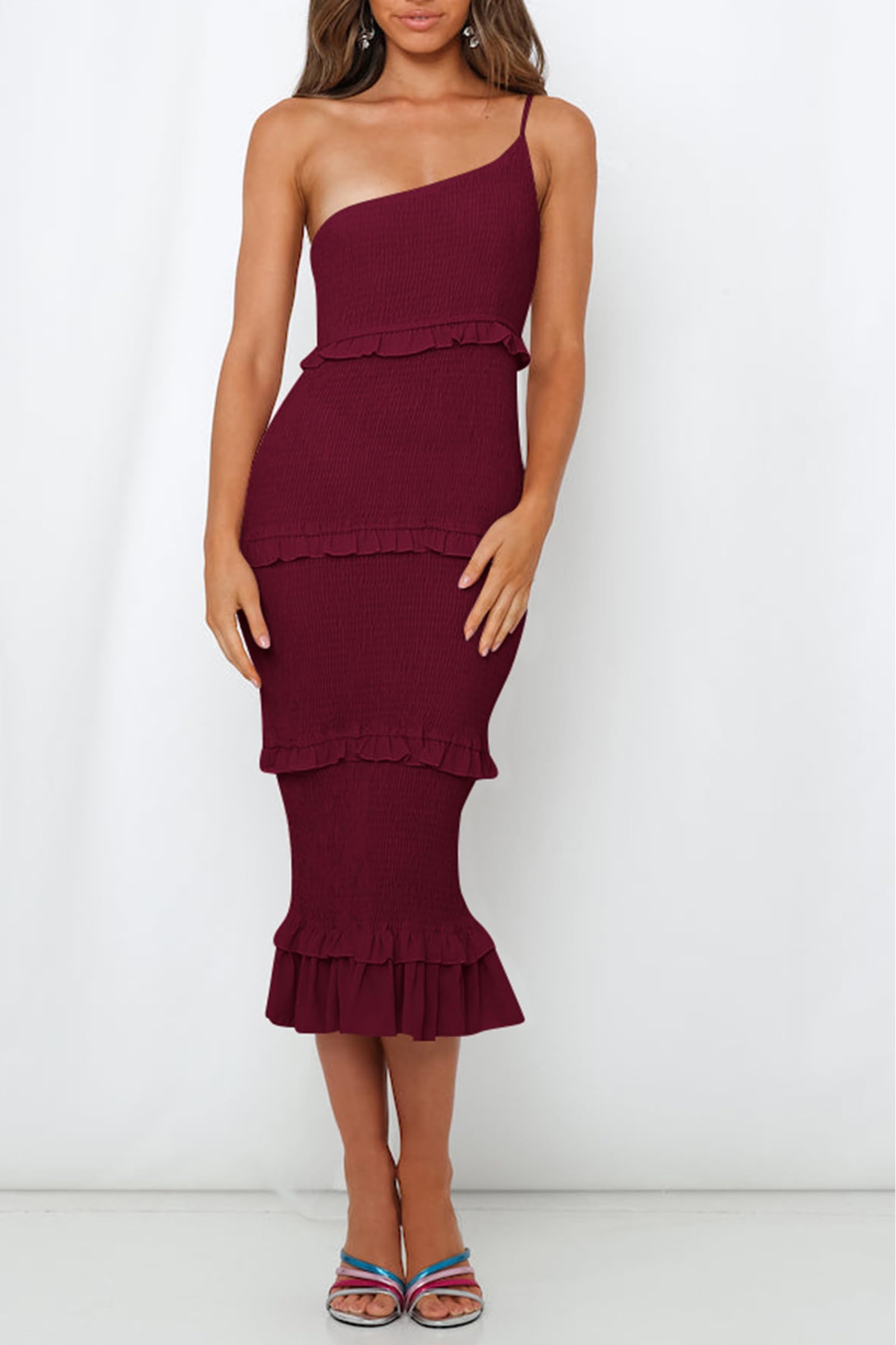 PRETTYGARDEN Women's Summer Midi Bodycon Dresses One Shoulder Strappy Tiered Ruffle Floral Boho Sun Dress