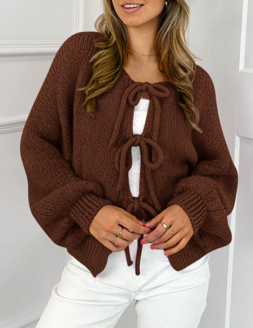 PRETTYGARDEN Women's Tie Front Bow Cardigan Sweaters Chunky Knit Long Puff Sleeve Trendy Fall Winter Jacket Coat