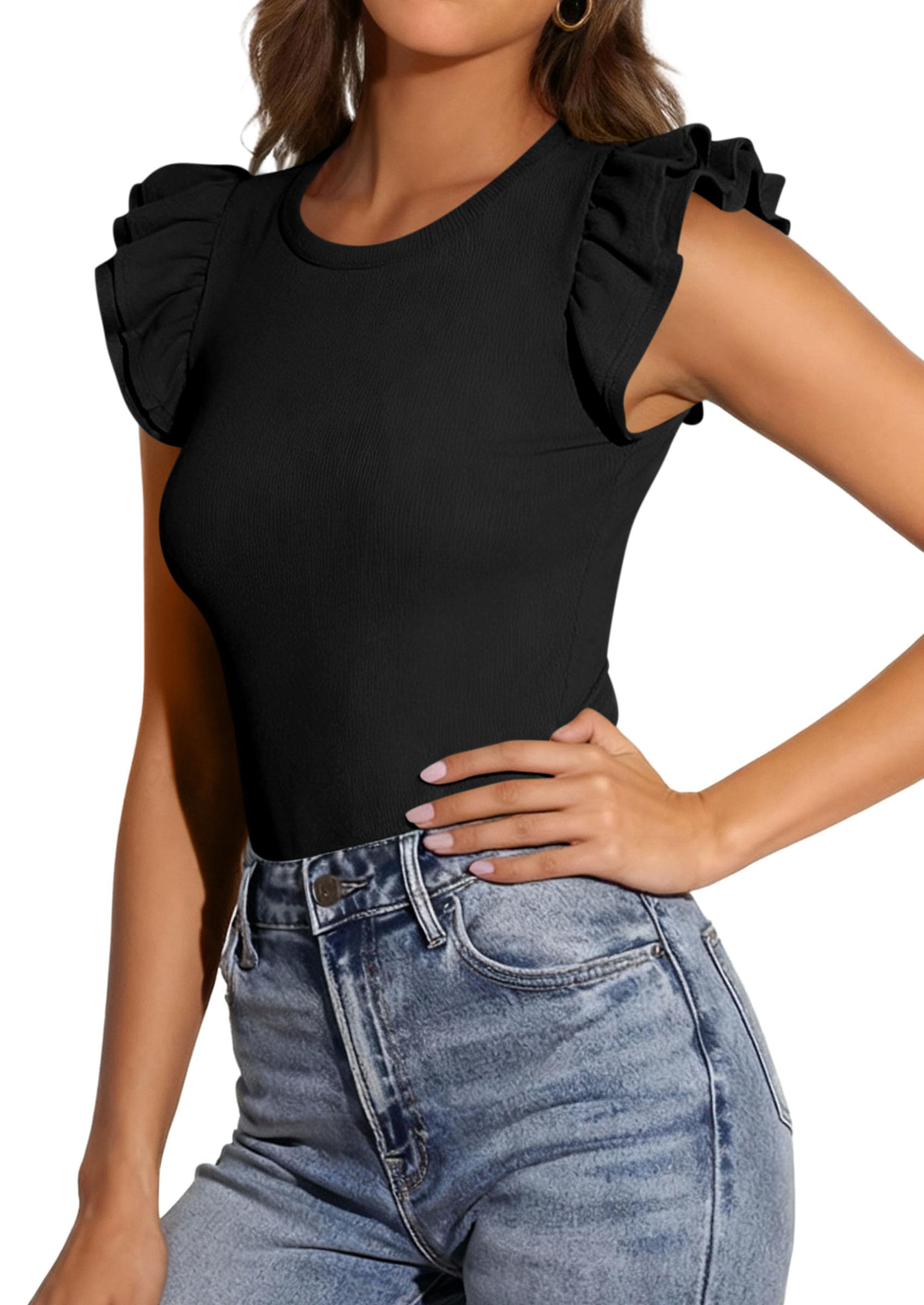 PRETTYGARDEN Womens Summer Crew Neck T Shirts Trendy Ruffle Sleeve Slim Fit Knit Going Out Tops Casual Spring Clothes