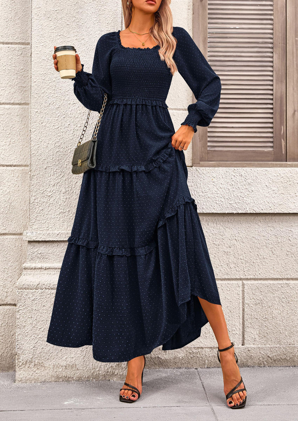 PRETTYGARDEN Fall Dresses for Women Long Sleeve Smocked Square Neck Swiss Dot Tiered Flowy Wedding Guest Maxi Dress