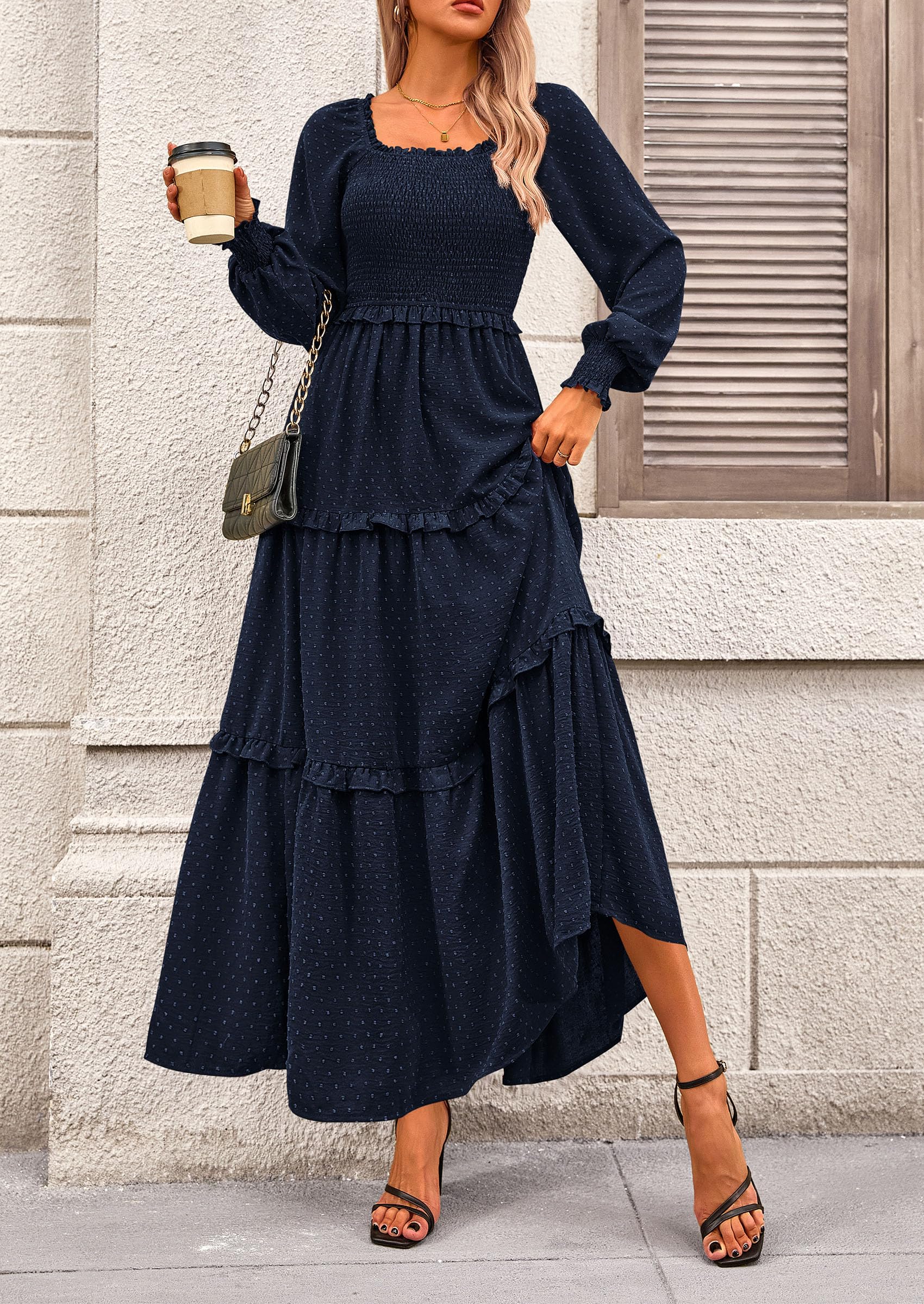PRETTYGARDEN Fall Dresses for Women Long Sleeve Smocked Square Neck Swiss Dot Tiered Flowy Wedding Guest Maxi Dress