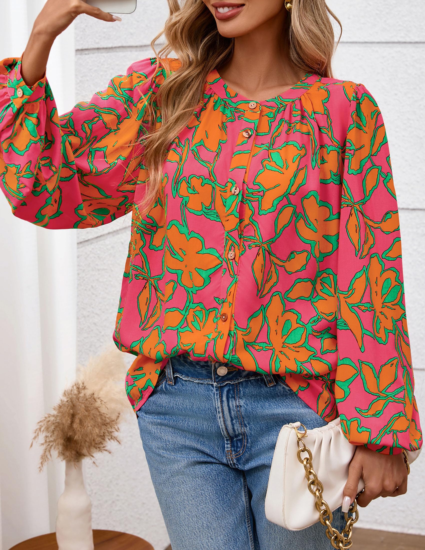 PRETTYGARDEN Women's Floral Button Down Blouse Fall Fashion Dressy Casual Long Sleeve Oversized Shirts Top Boho Clothes