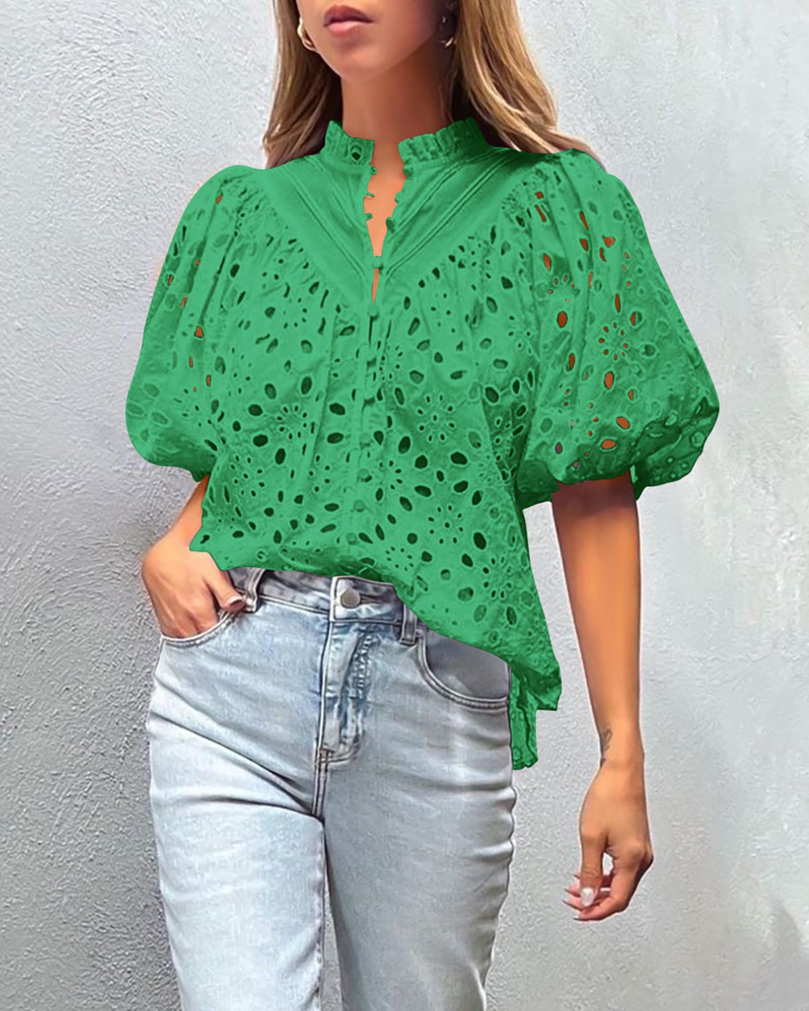 PRETTYGARDEN Women's Summer Tops Dressy Casual Short Sleeve V Neck Buttons Hollow Out Lace Embroidered Blouses Shirts