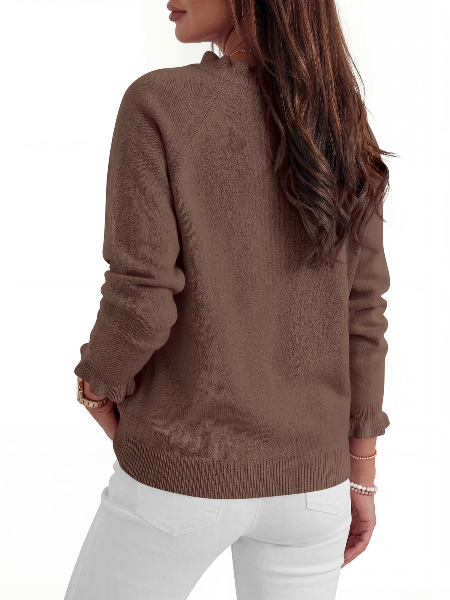 BTFBM Womens Sweaters Fall Winter Clothes Long Sleeve Button Down Ruffle Crew Neck Casual Knitted Pullover Tops