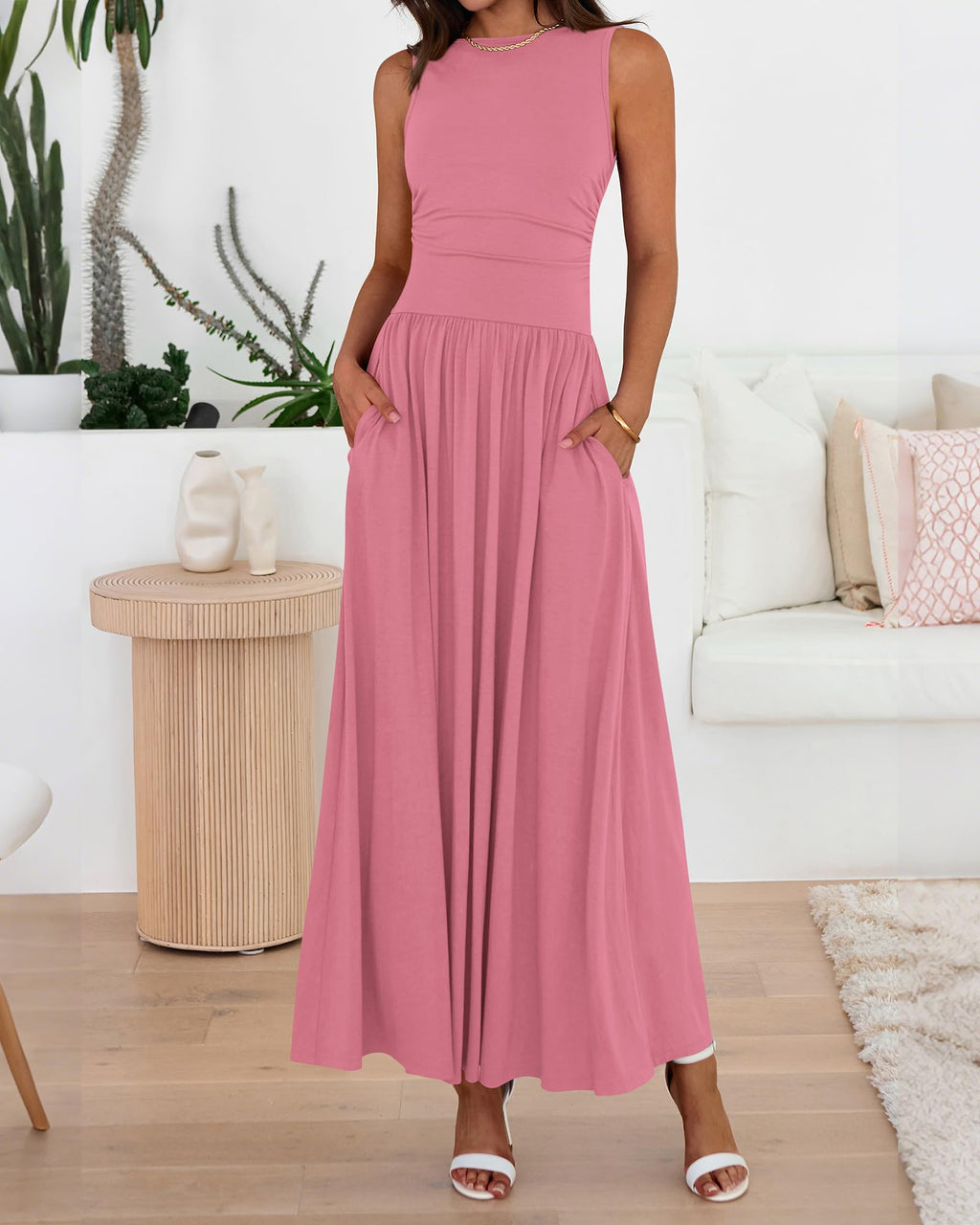 BTFBM Summer Maxi Dresses for Women Spring Sleeveless Casual Ruched High Waisted Long Sundress Flowy Beach Dress