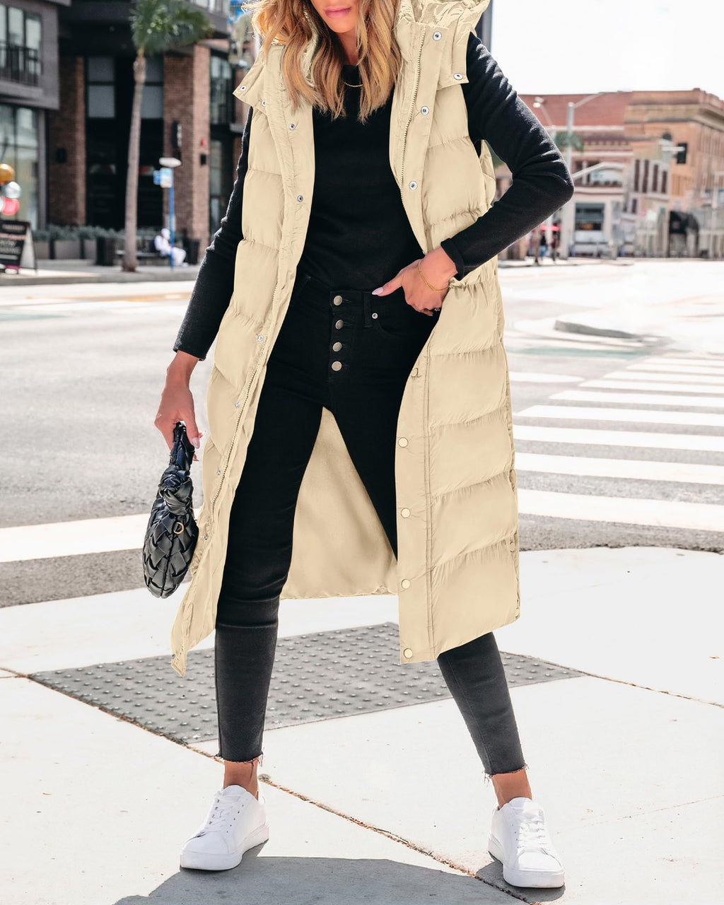 BTFBM Long Puffer Vest Women Quilted Hooded Button Down Zip Up Sleeveless Vests Outerwear Padded Jacket Fall Winter Coat