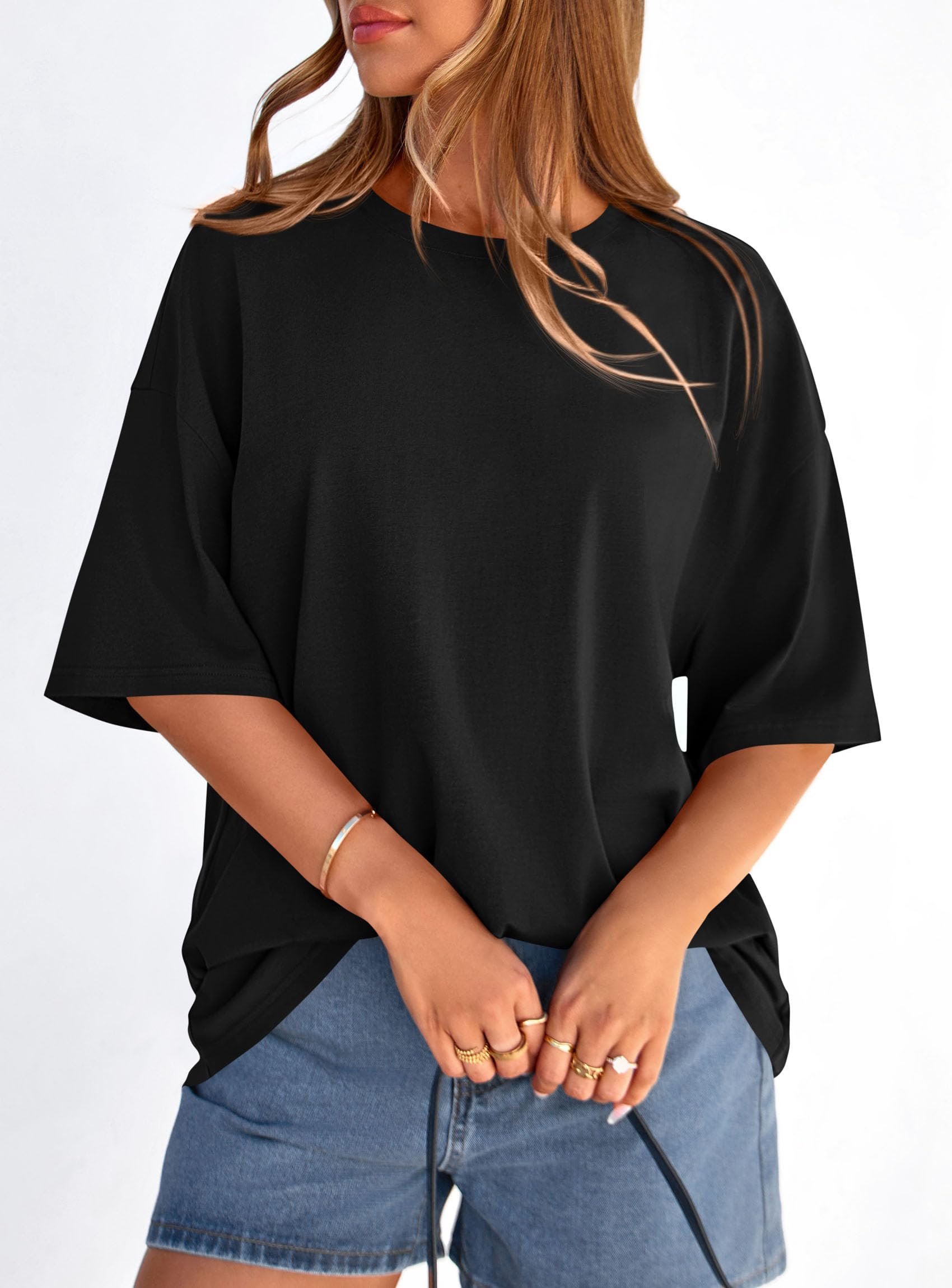 PRETTYGARDEN Women's Spring Going Out Tops Casual Short Sleeve Crewneck Loose Fit Basic Cute Tee Shirts Summer Outfits