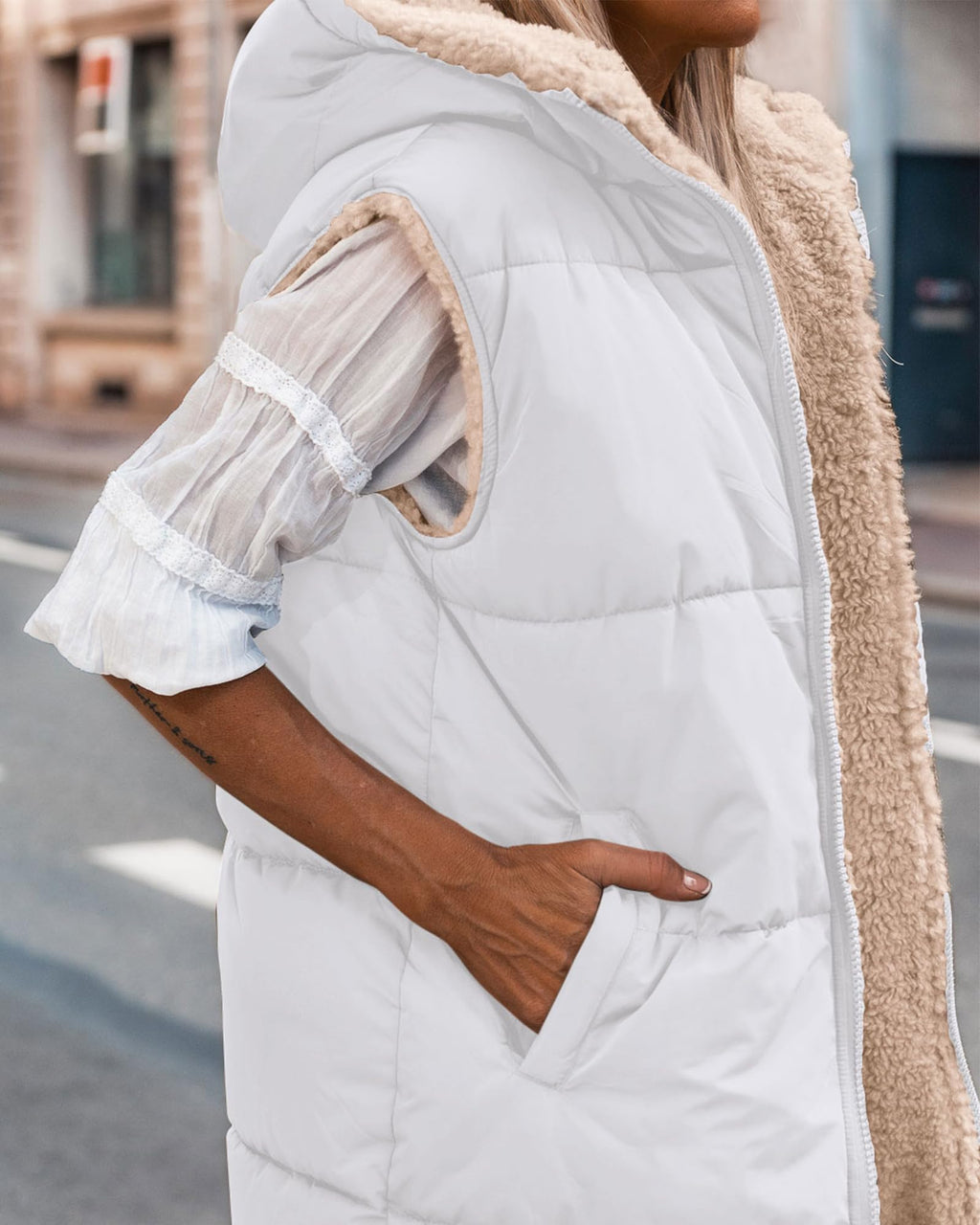 BTFBM Long Puffer Vest Women Fleece Sherpa Jacket Sleeveless Hooded Reversible Zip Up Winter Coat Fall Vests Outerwear